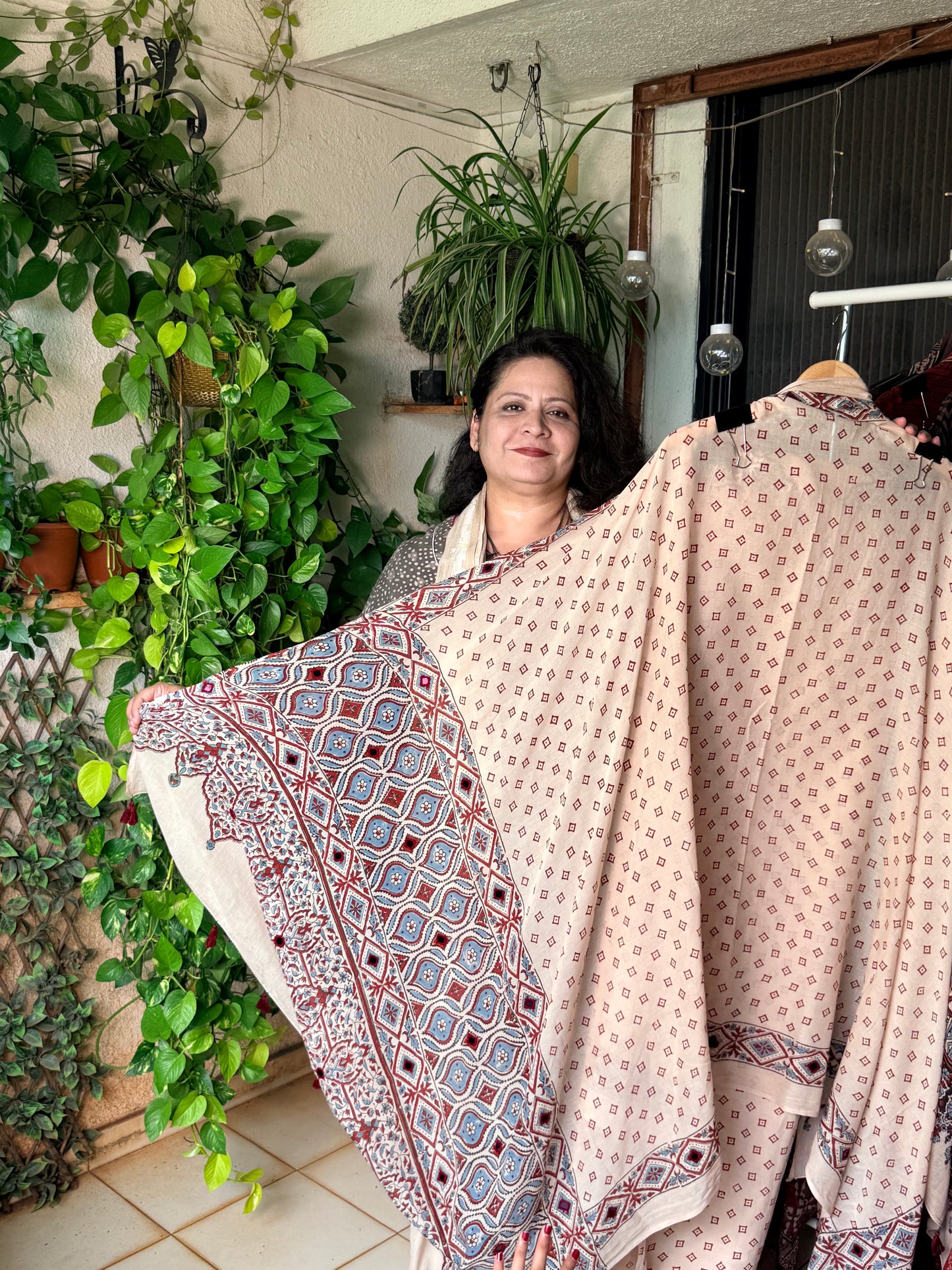 Pure cotton mirror work Ajrakh Cream