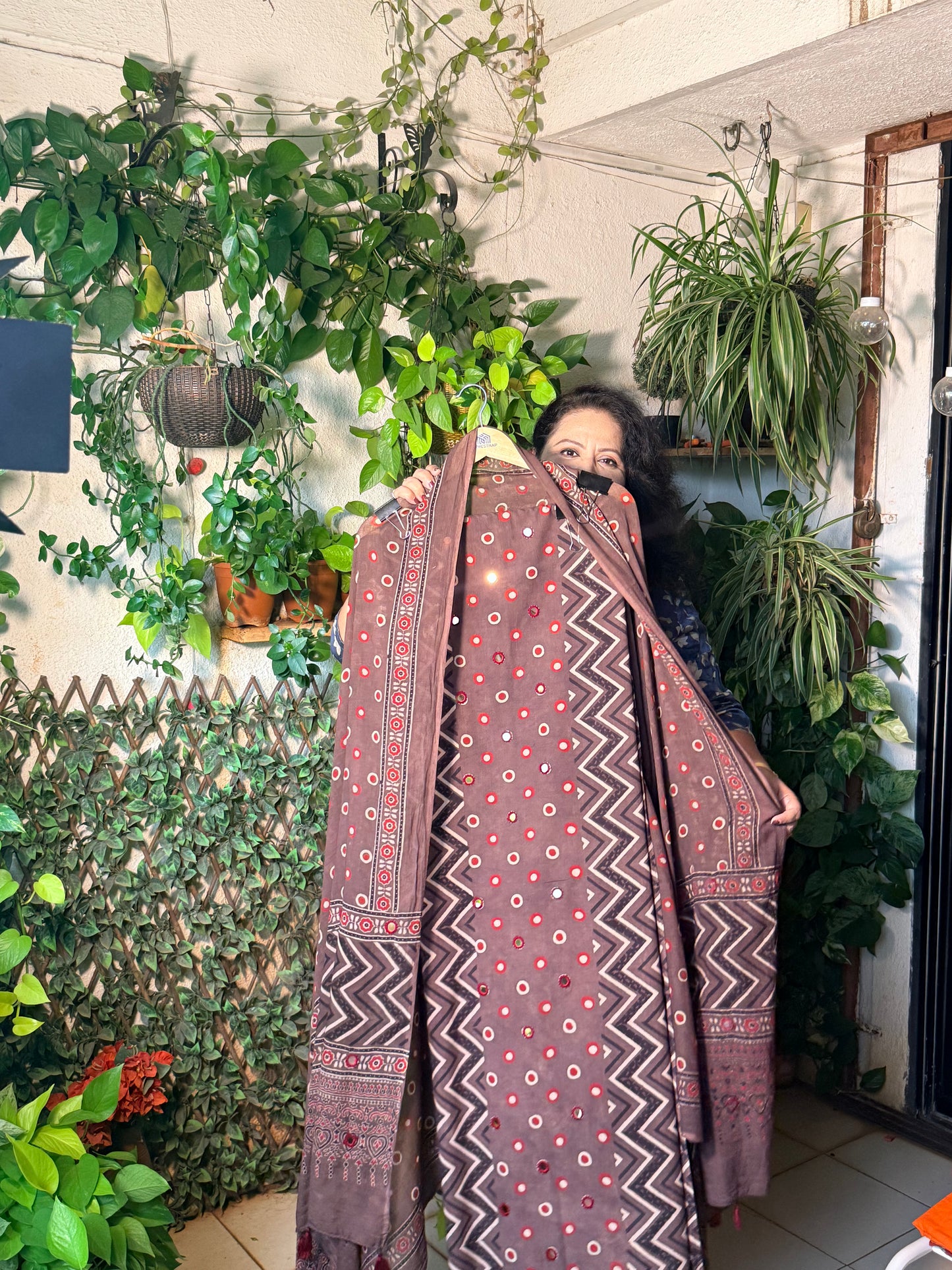 Pure cotton mirror work Ajrakh Brown
