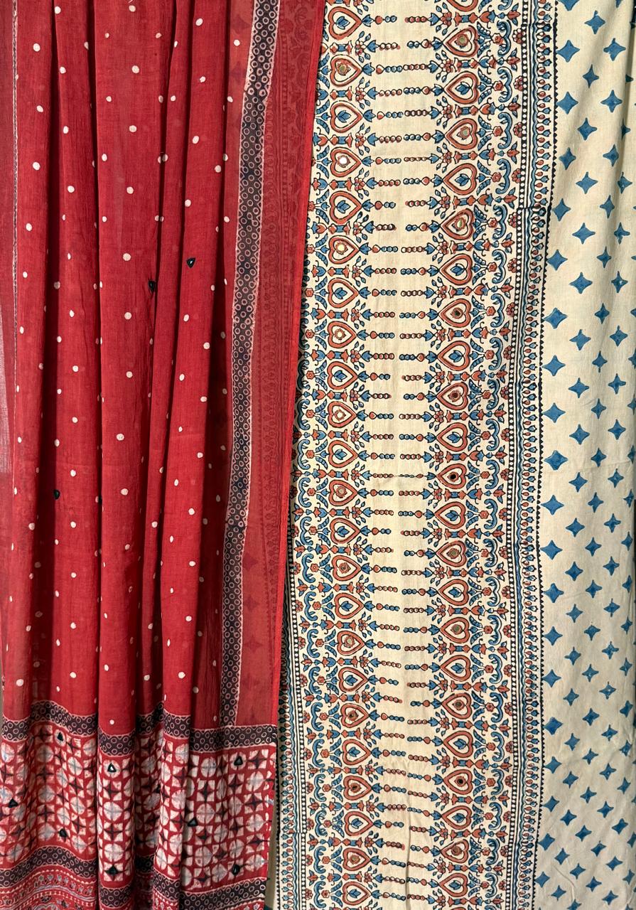 Ajrakh Blue Cream kurta Red Dupatta