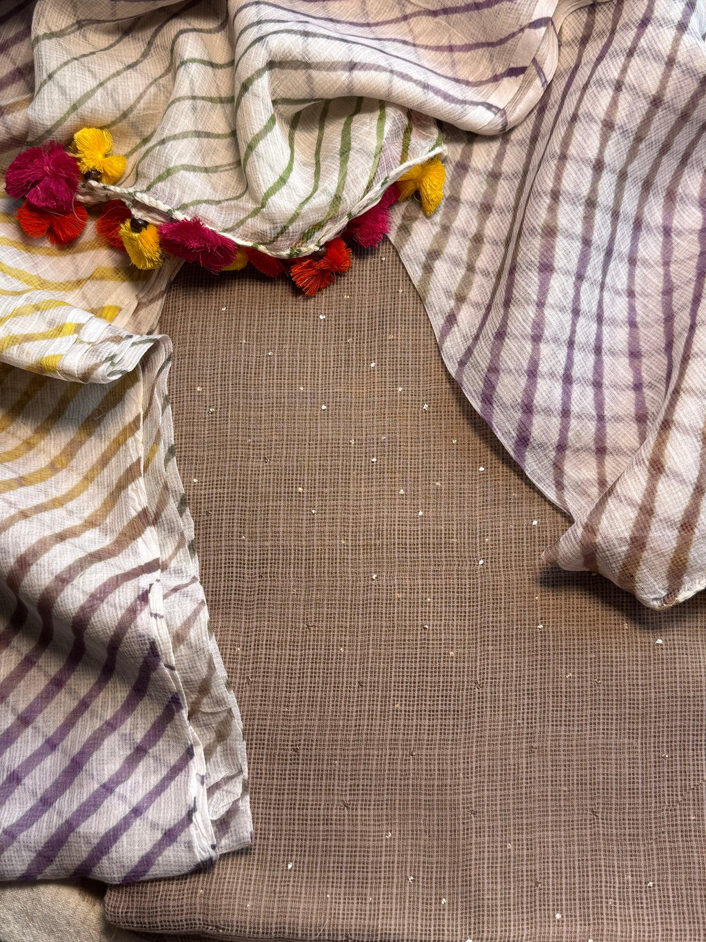 Pure kota Mukaish work kurta with kota dupatta- light cocoa