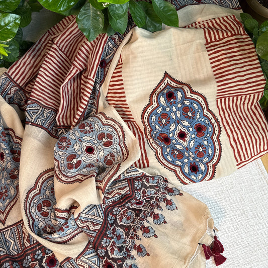 Pure cotton mirror work Ajrakh Cream