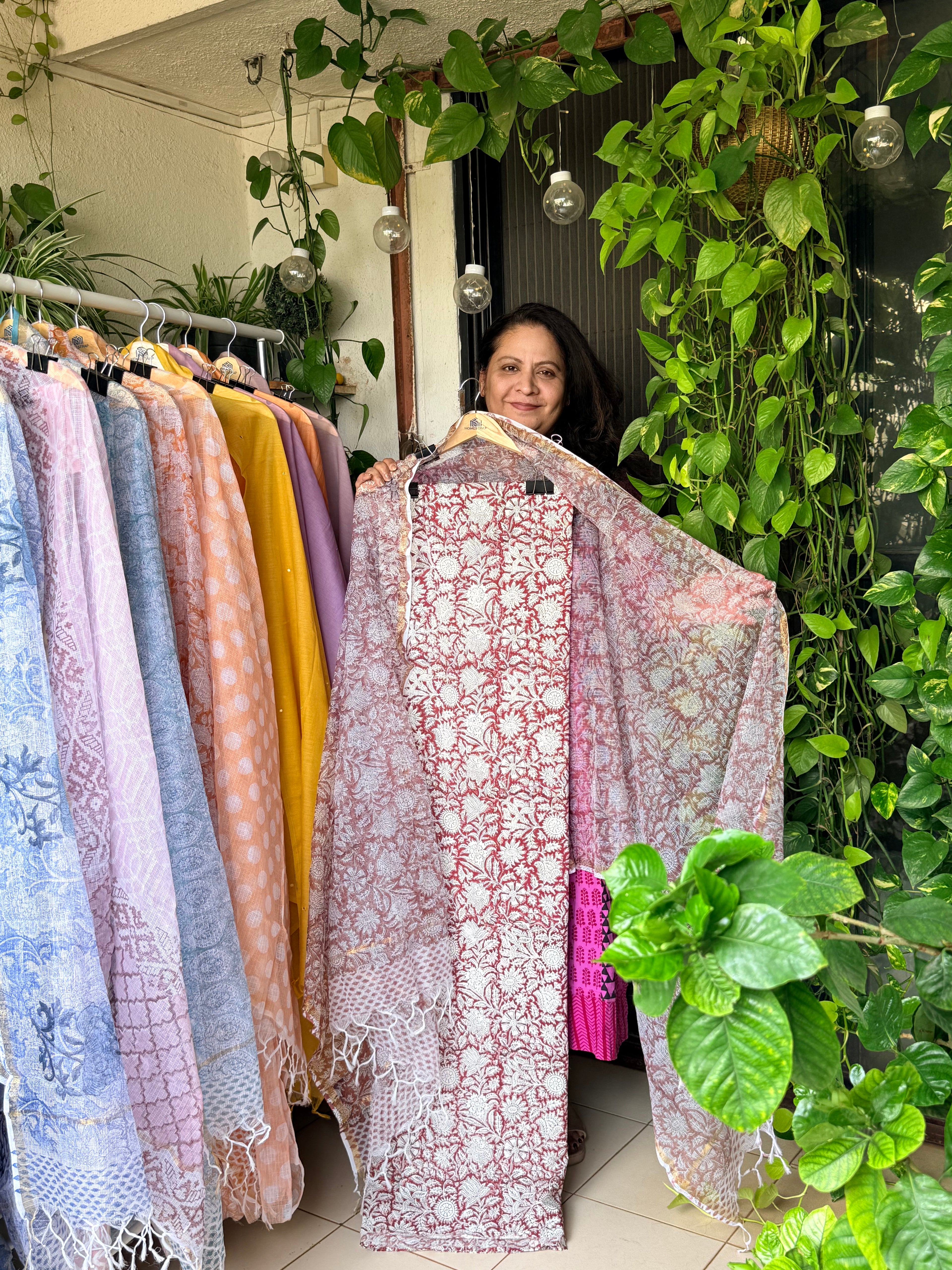Maroon Floral- Pure Taj cotton kurta with kota dupatta