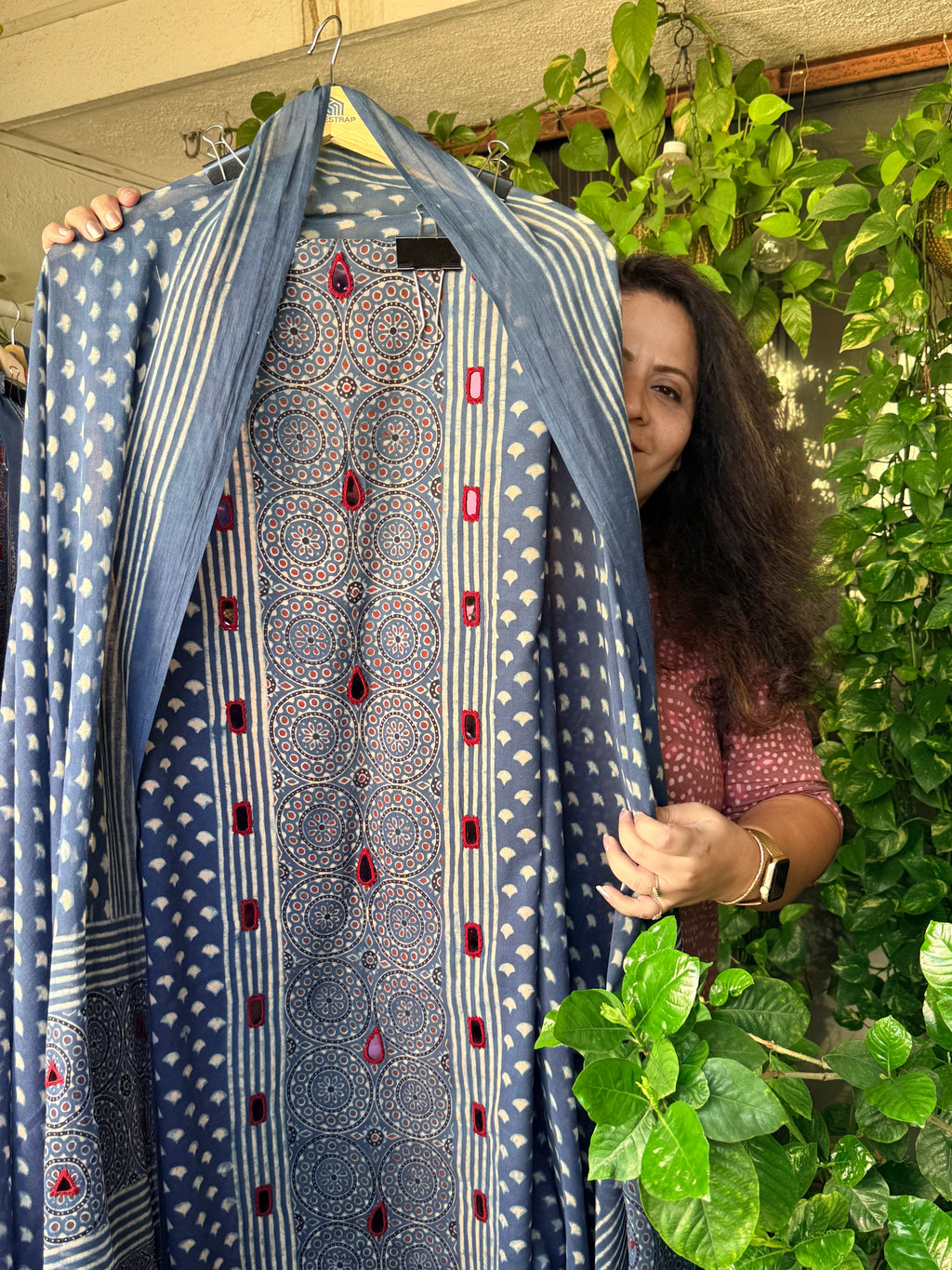 Pure cotton mirror work Ajrakh Indigo