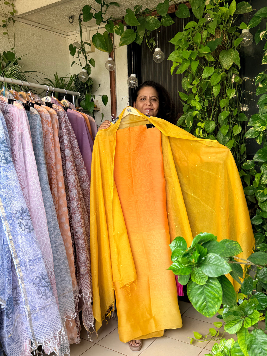 Yellow shaded kurta with mango yellow dupatta- Mul chanderi silk 4D shaded kurta and dupatta set
