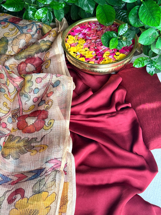 Gajji silk kurta with floral kalamkari dupatta