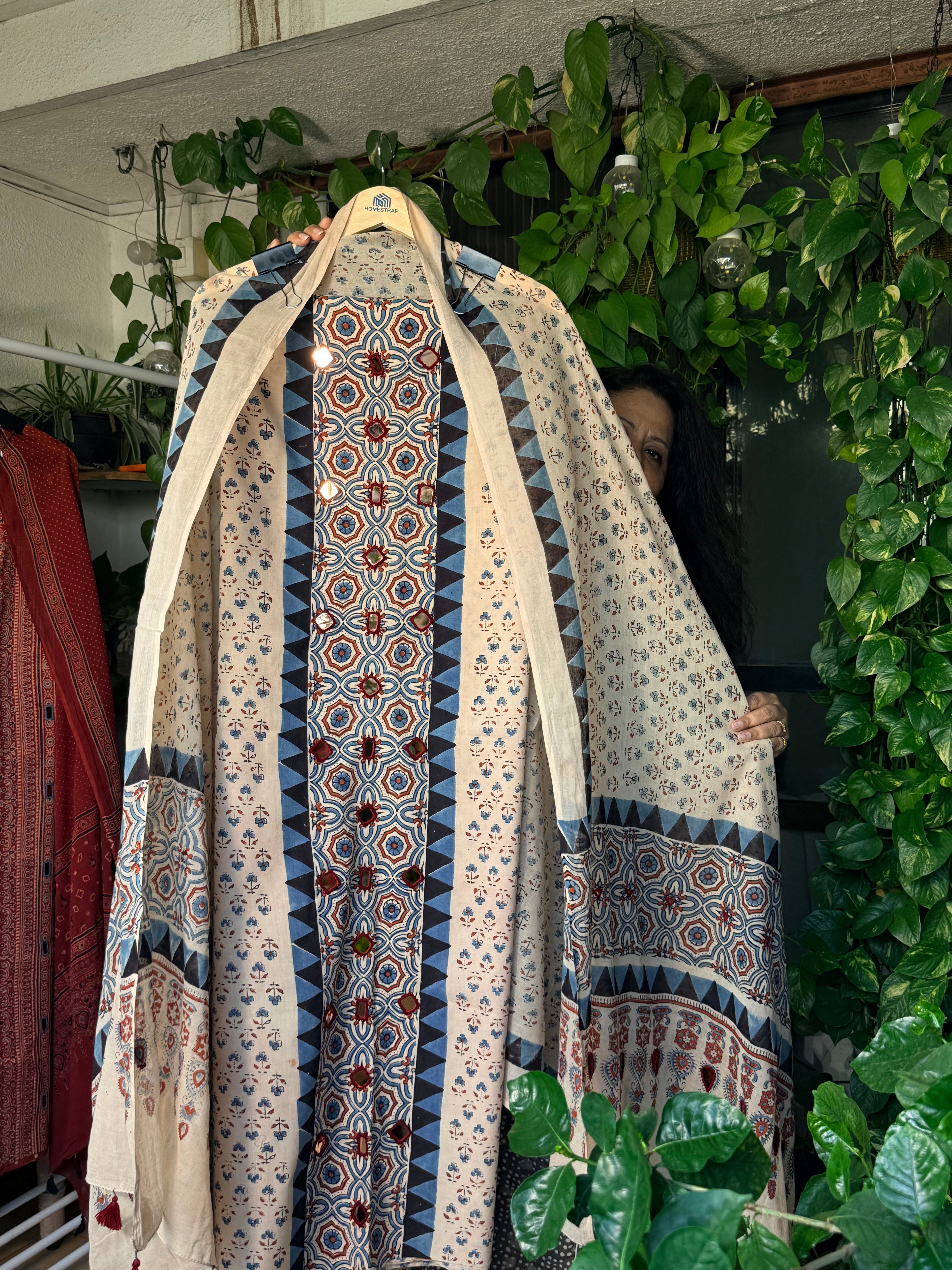 Pure cotton mirror work Ajrakh Cream