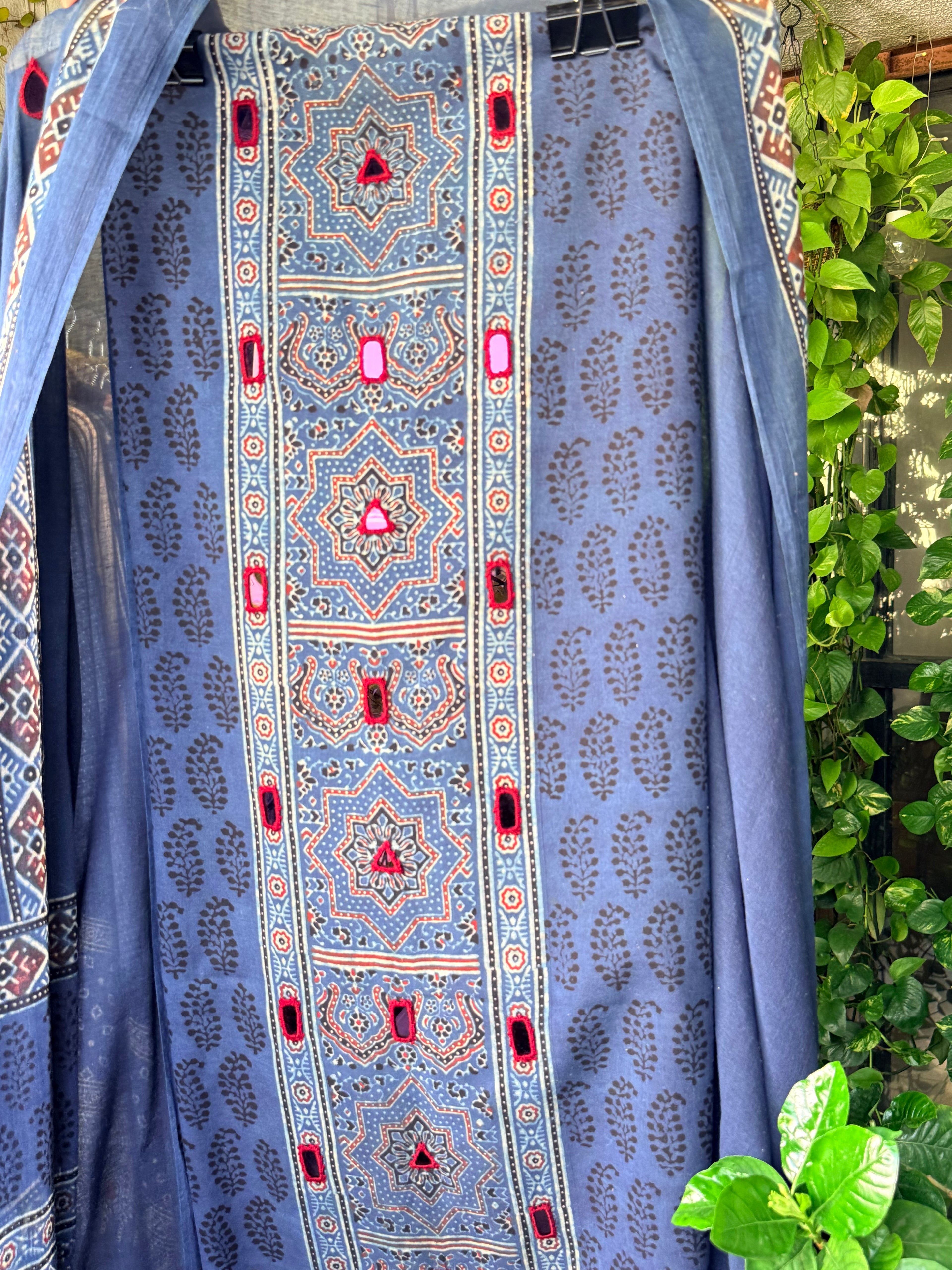 Pure cotton mirror work Ajrakh Indigo