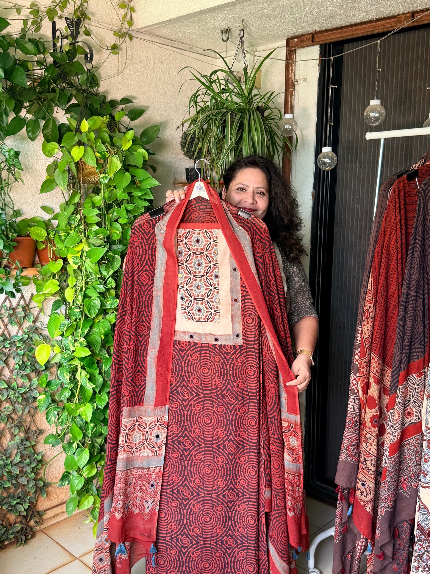 Pure cotton mirror work Ajrakh Red