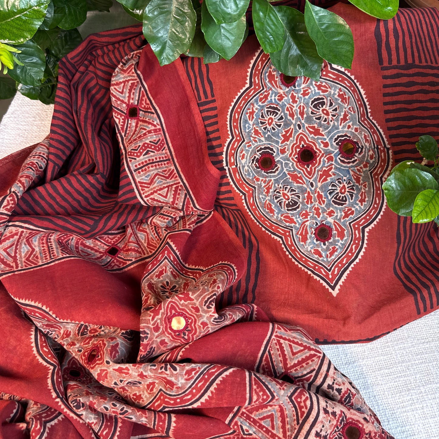 Pure cotton mirror work Ajrakh Red