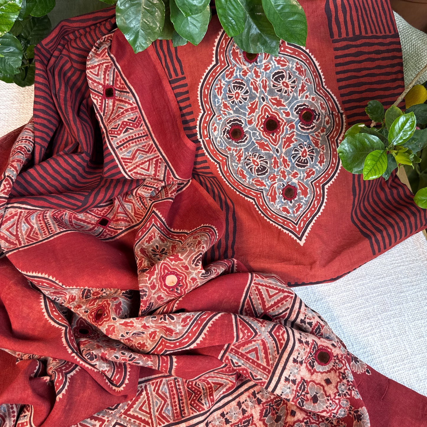Pure cotton mirror work Ajrakh Red