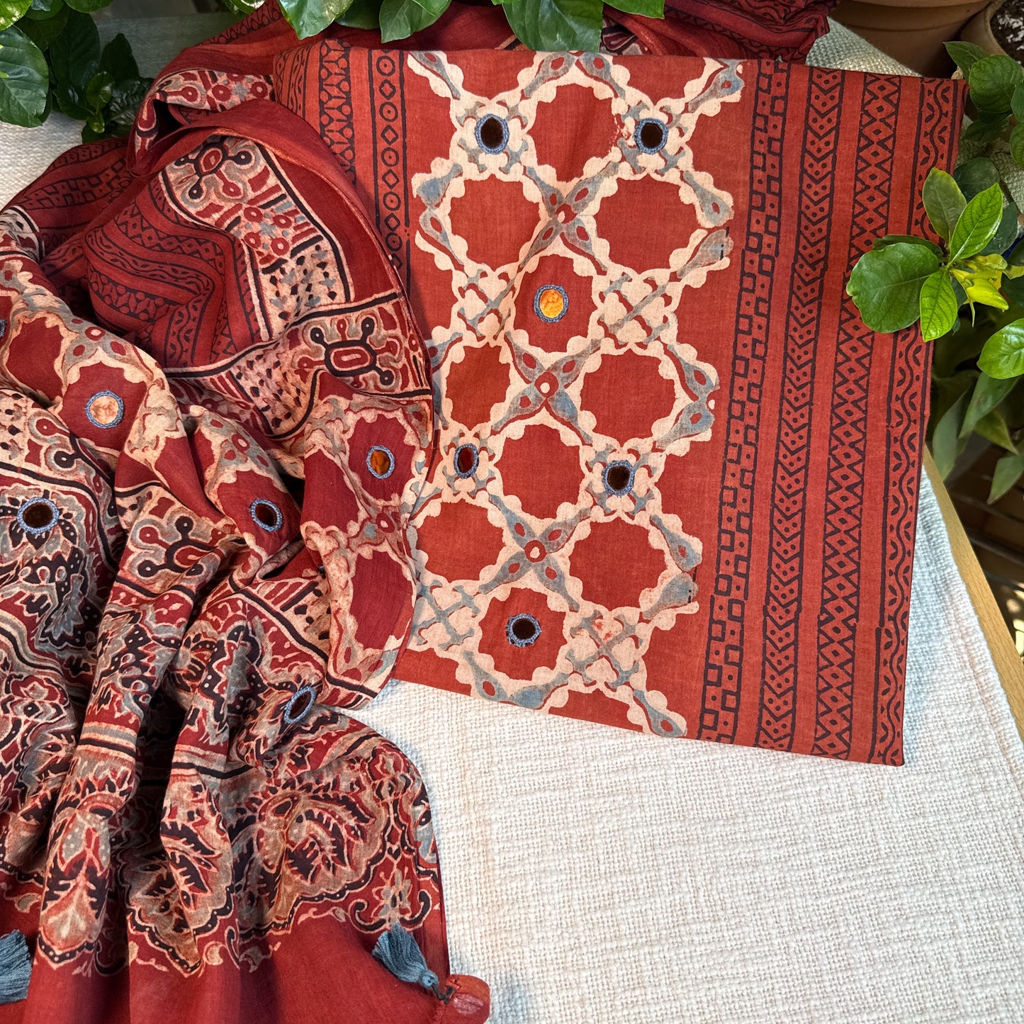 Pure cotton mirror work Ajrakh Red