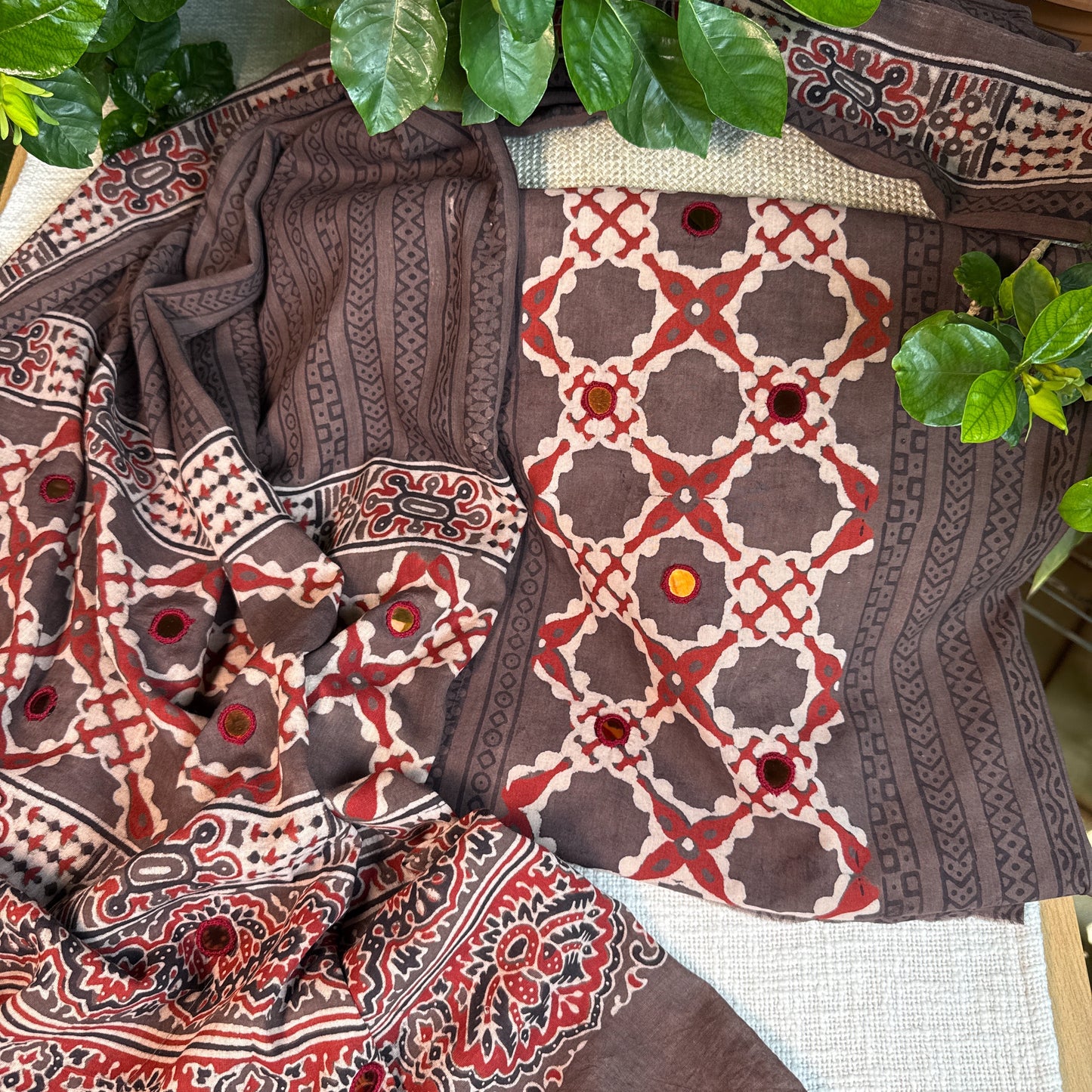 Pure cotton mirror work Ajrakh Brown