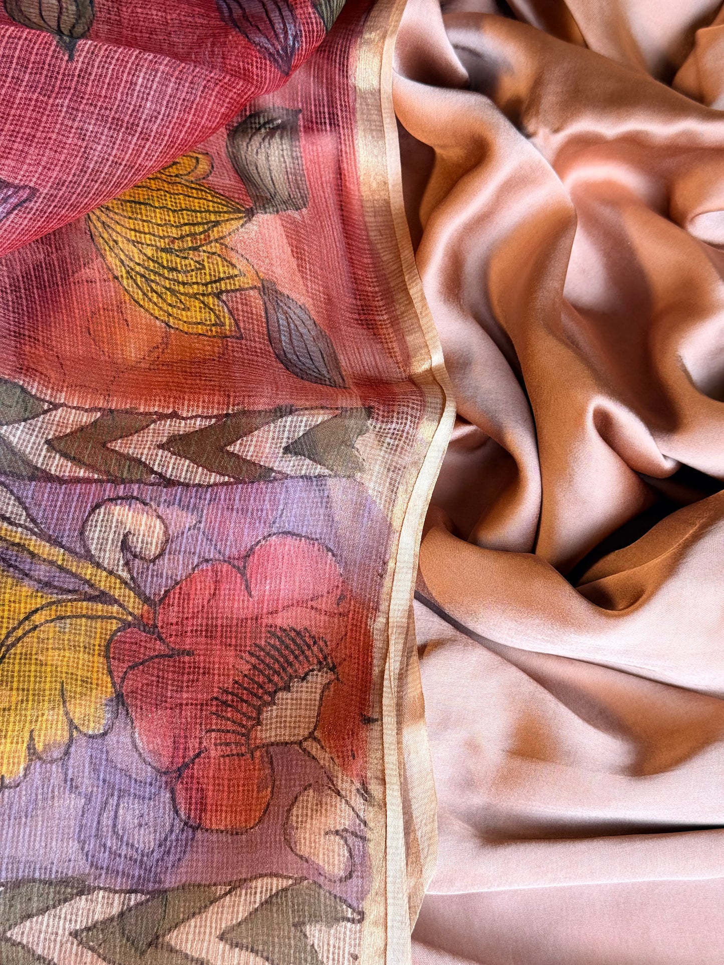 Gajji silk kurta with floral kalamkari dupatta
