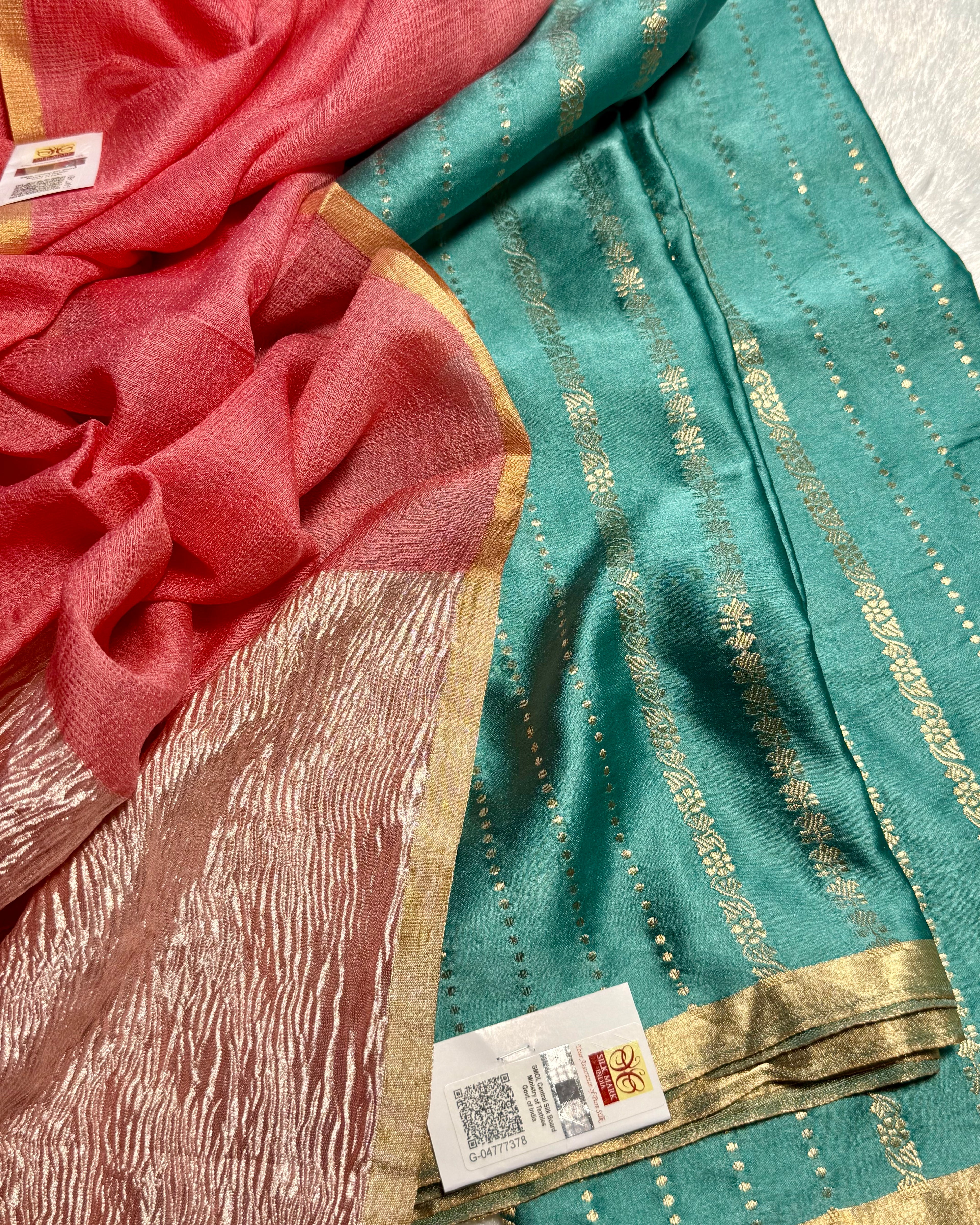 Mashru silk kurta with moonga silk dupatta (teal and peach )