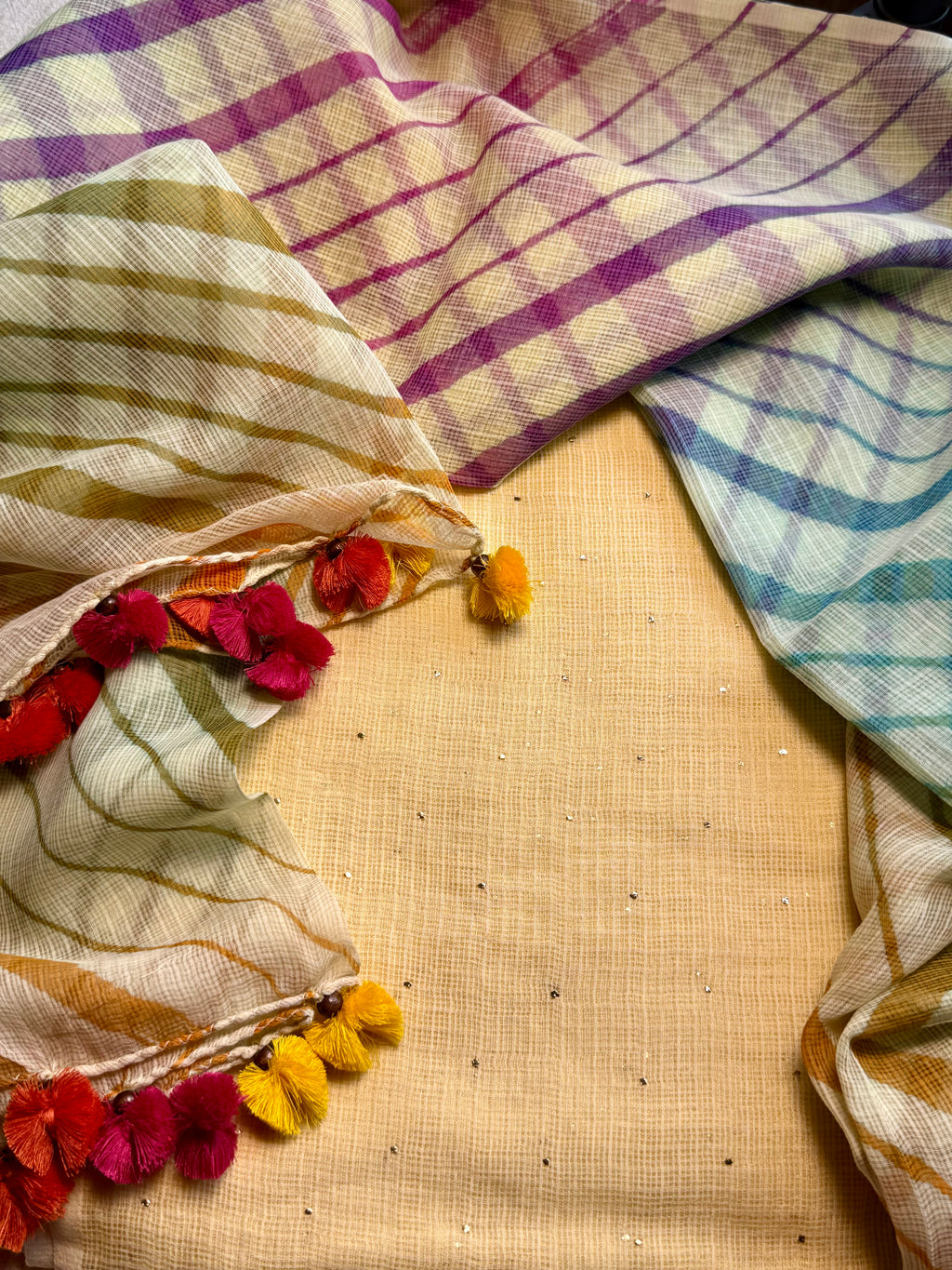 Pure kota Mukaish work kurta with kota dupatta- lemon yellow