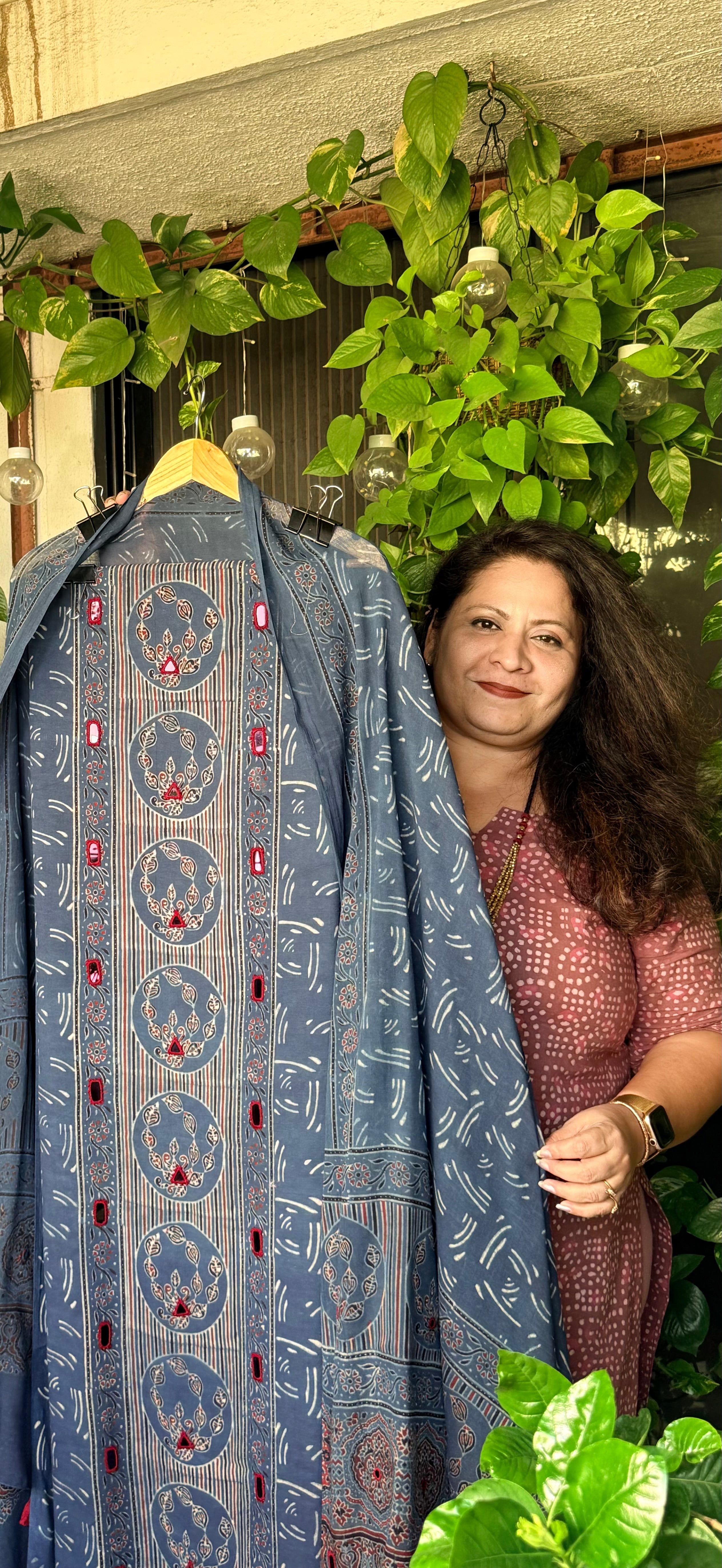 Pure cotton mirror work Ajrakh Indigo
