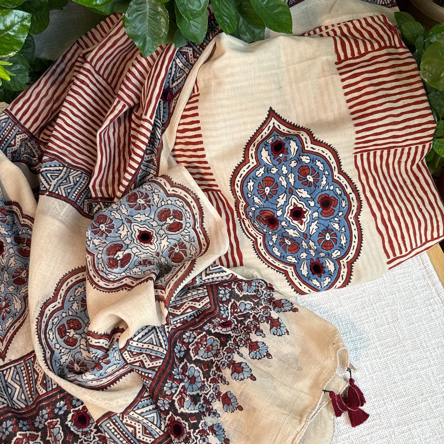 Pure cotton mirror work Ajrakh Cream