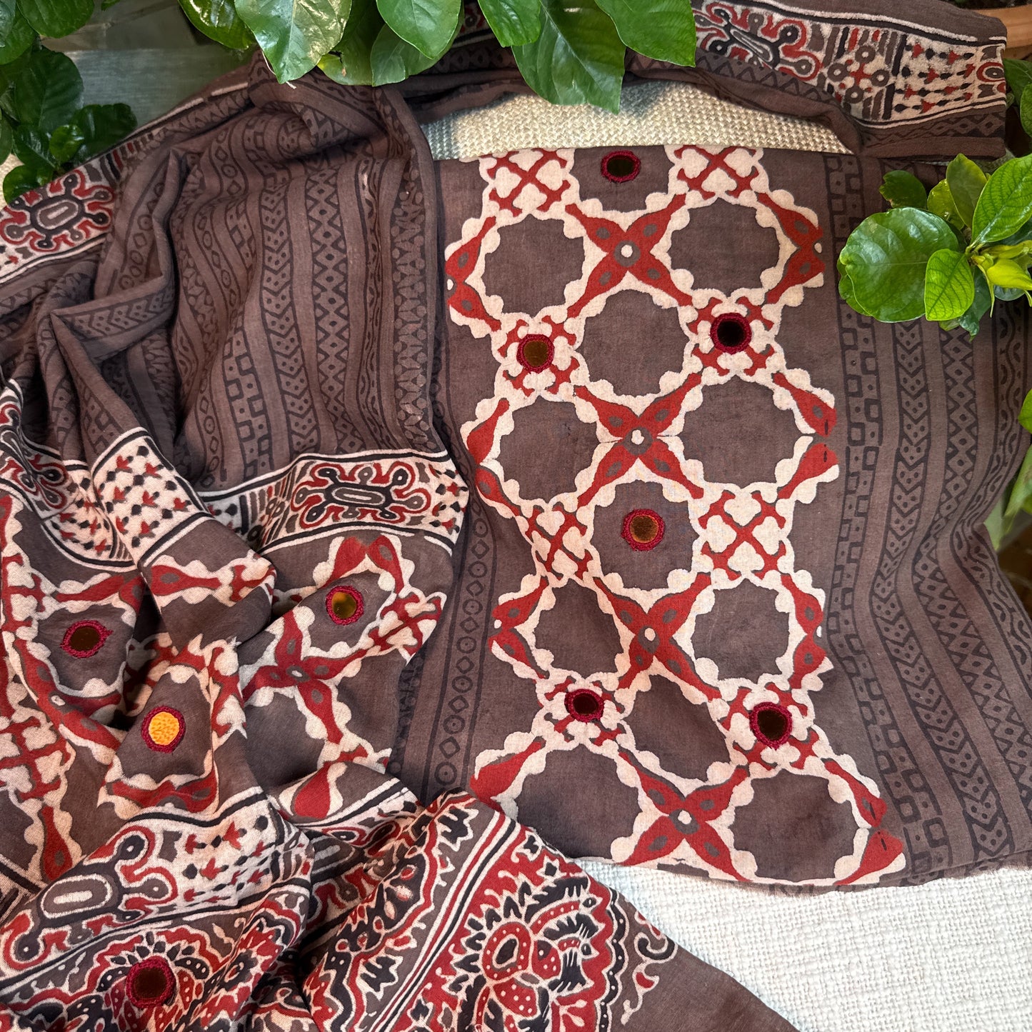 Pure cotton mirror work Ajrakh Brown