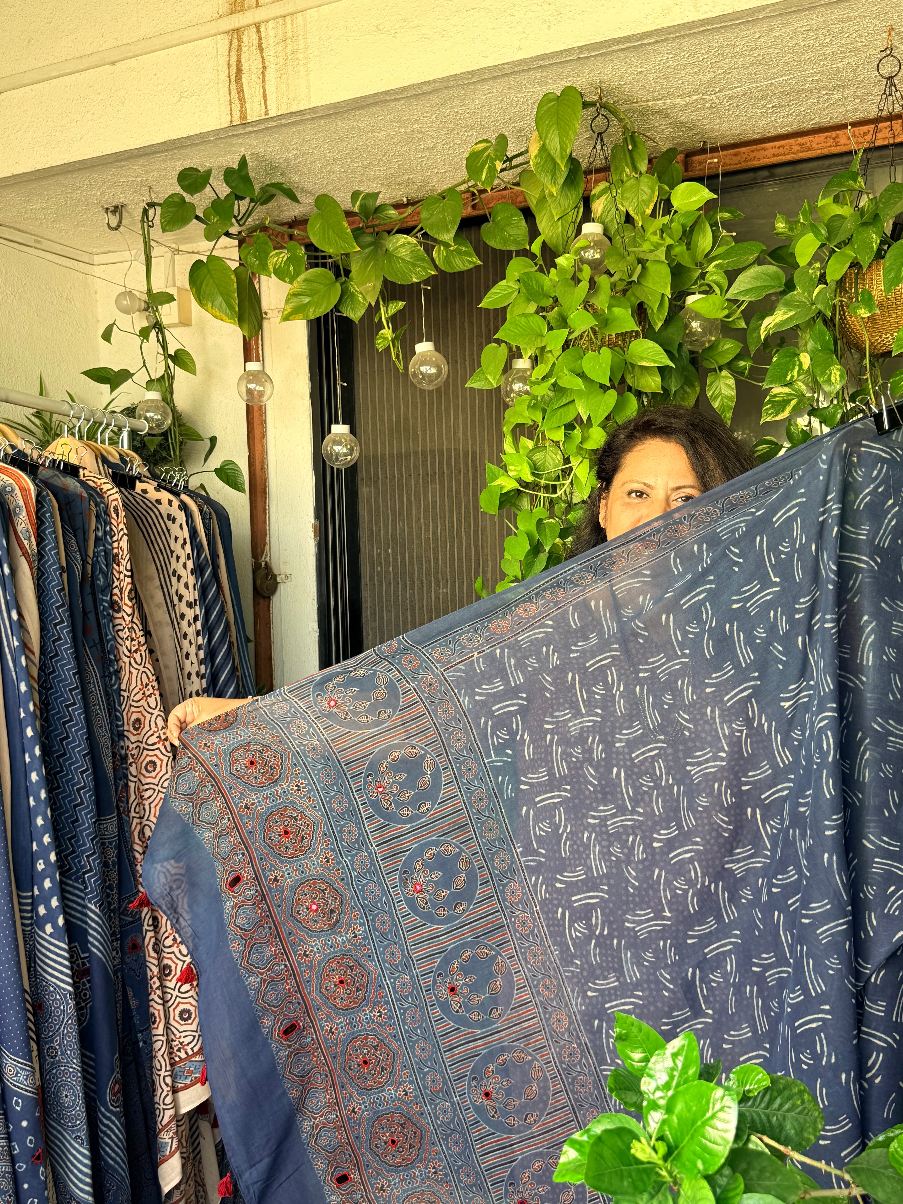 Pure cotton mirror work Ajrakh Indigo
