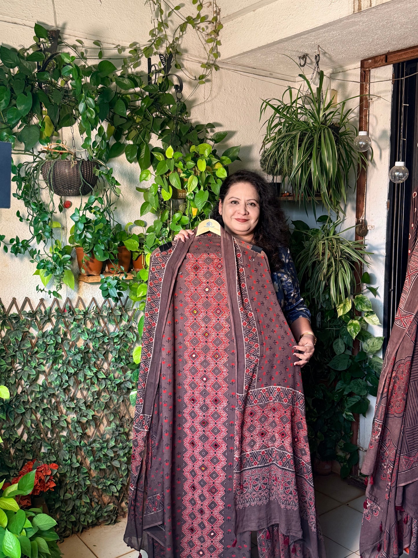 Pure cotton mirror work Ajrakh Brown