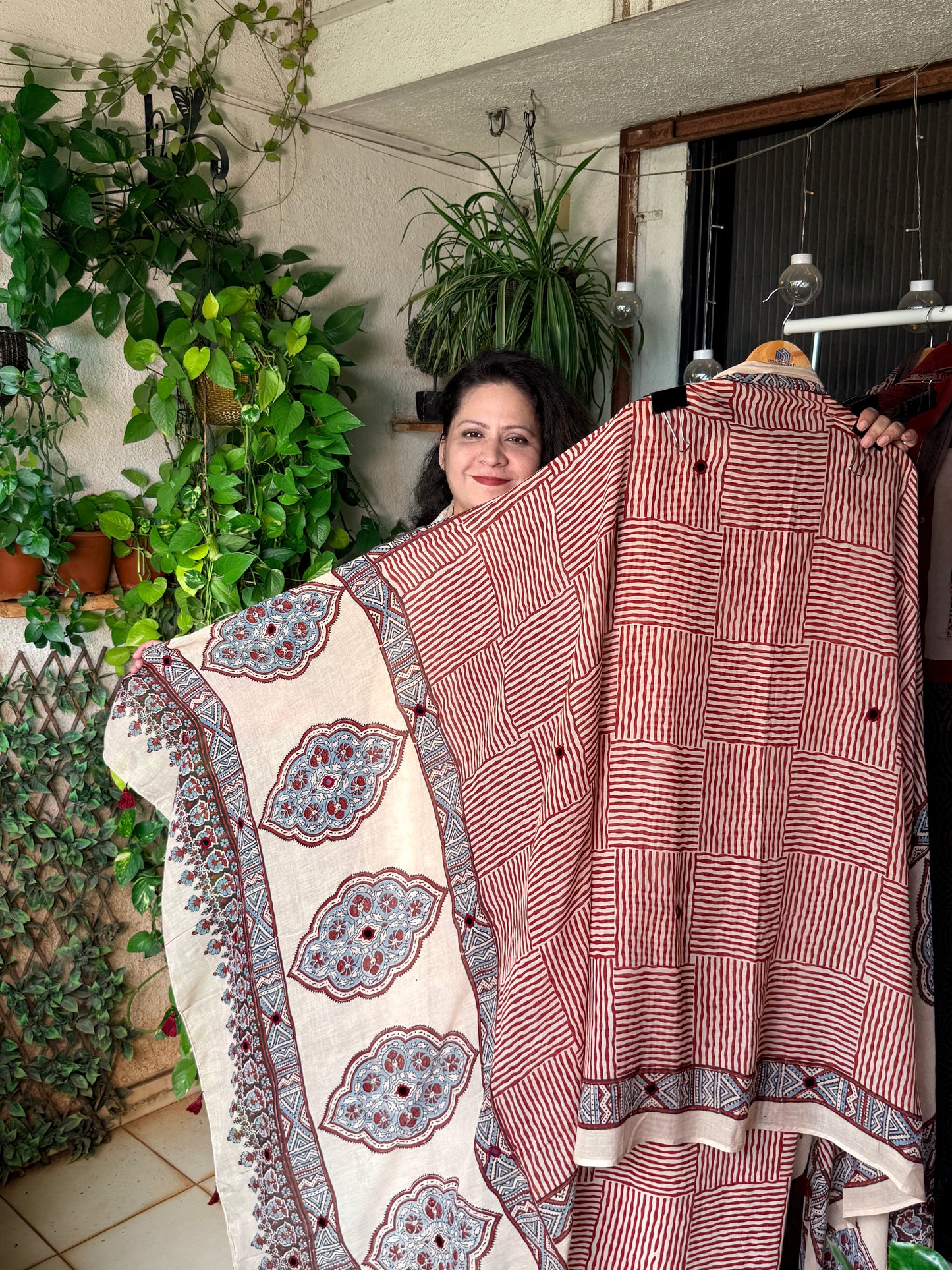Pure cotton mirror work Ajrakh Cream