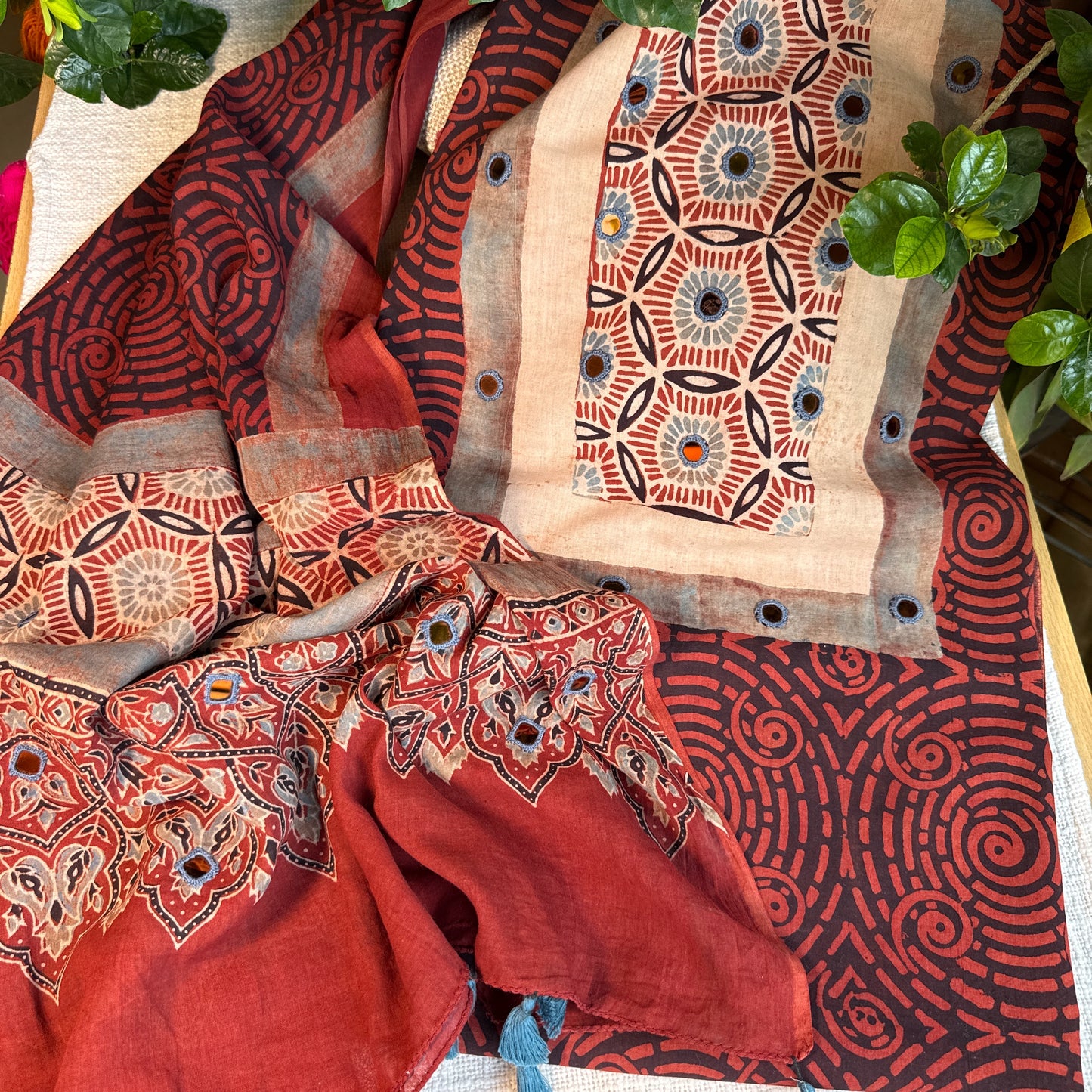 Pure cotton mirror work Ajrakh Red