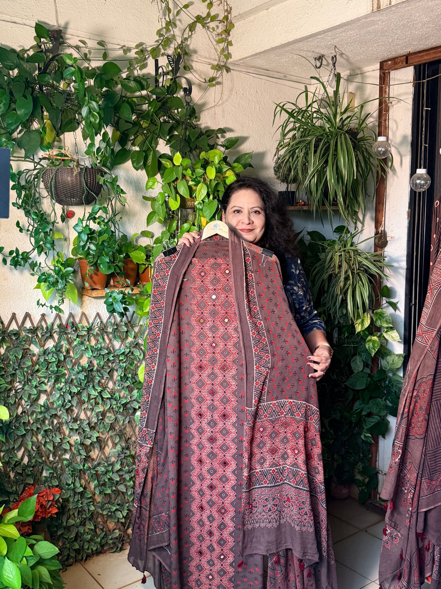 Pure cotton mirror work Ajrakh Brown