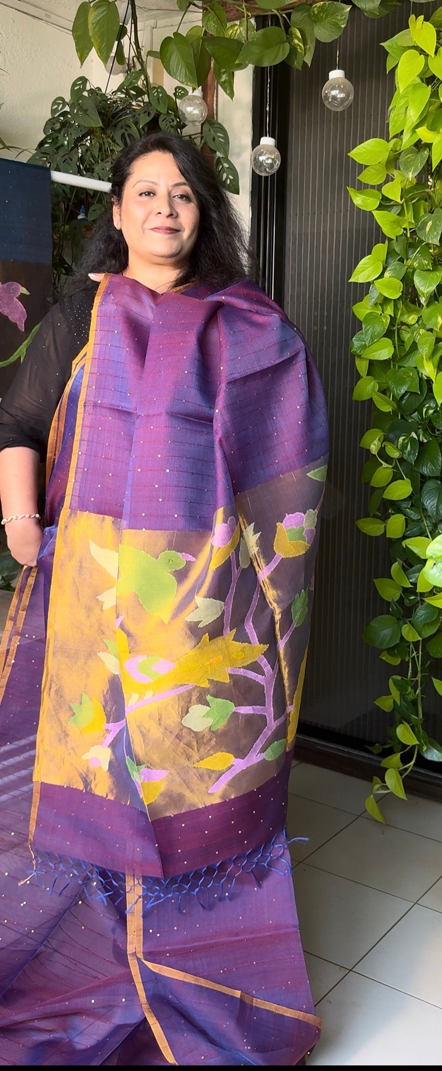 Pure Muslin silk saree dual shade purple wine