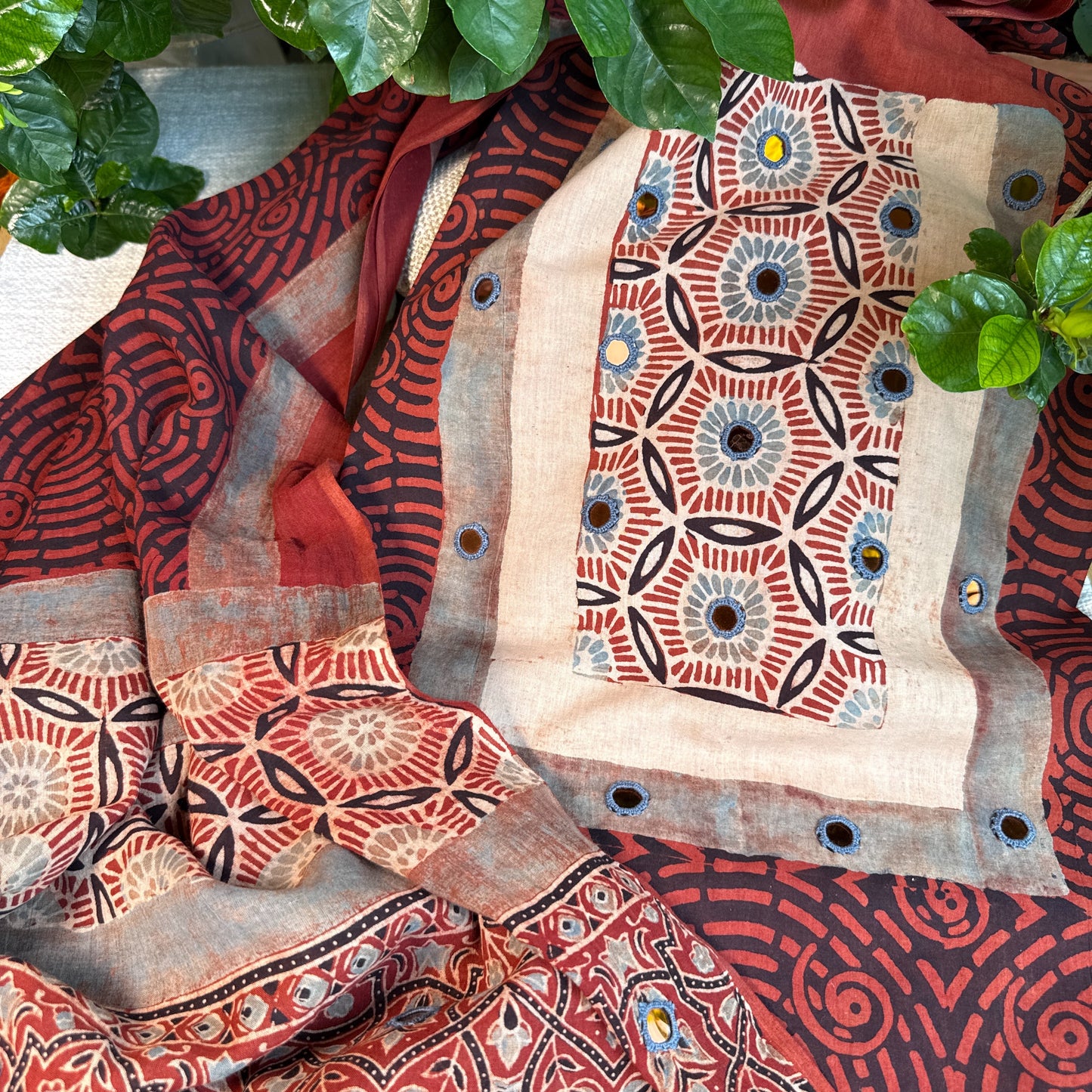 Pure cotton mirror work Ajrakh Red