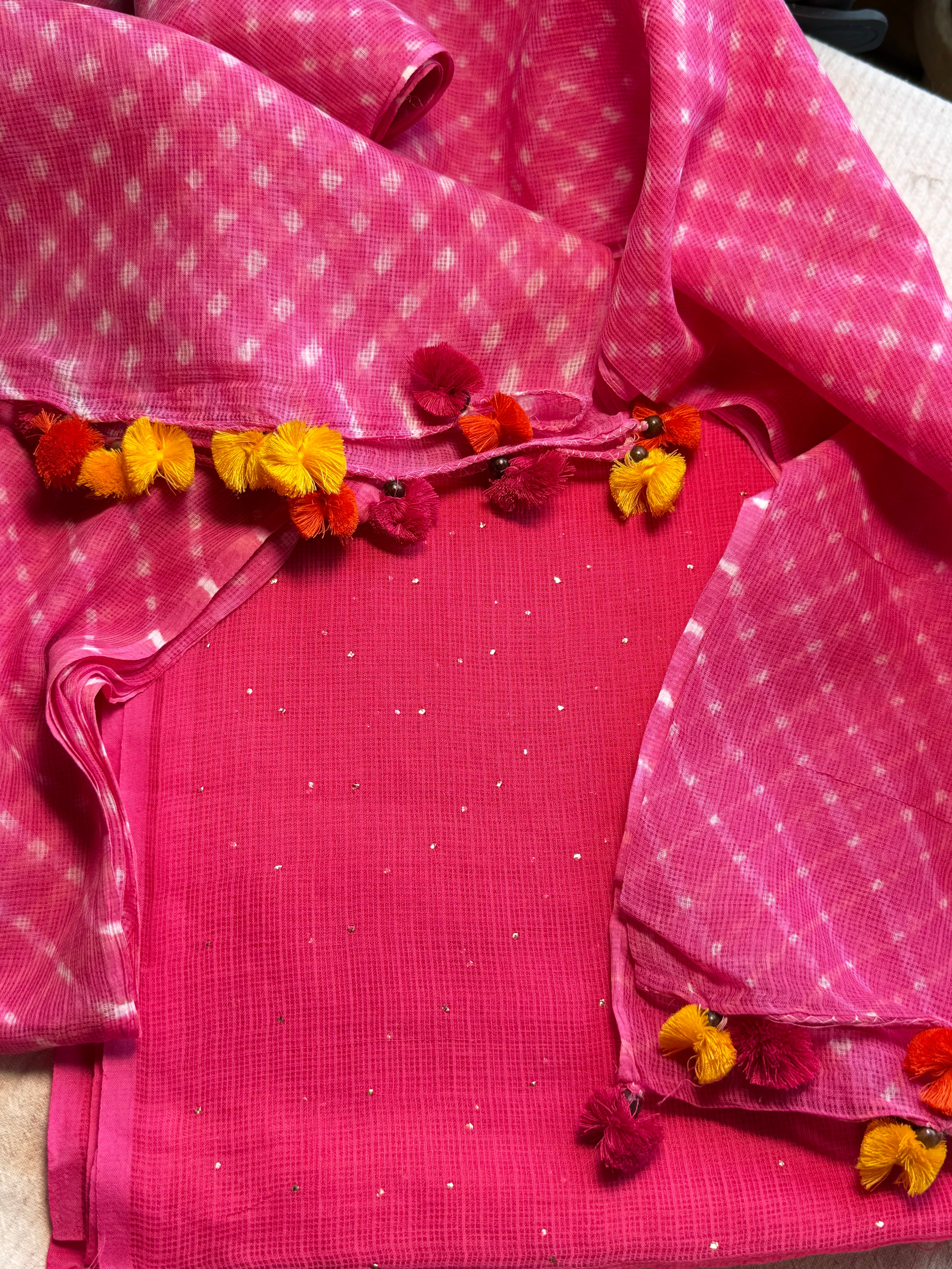 Pure kota Mukaish work kurta with kota dupatta- pink