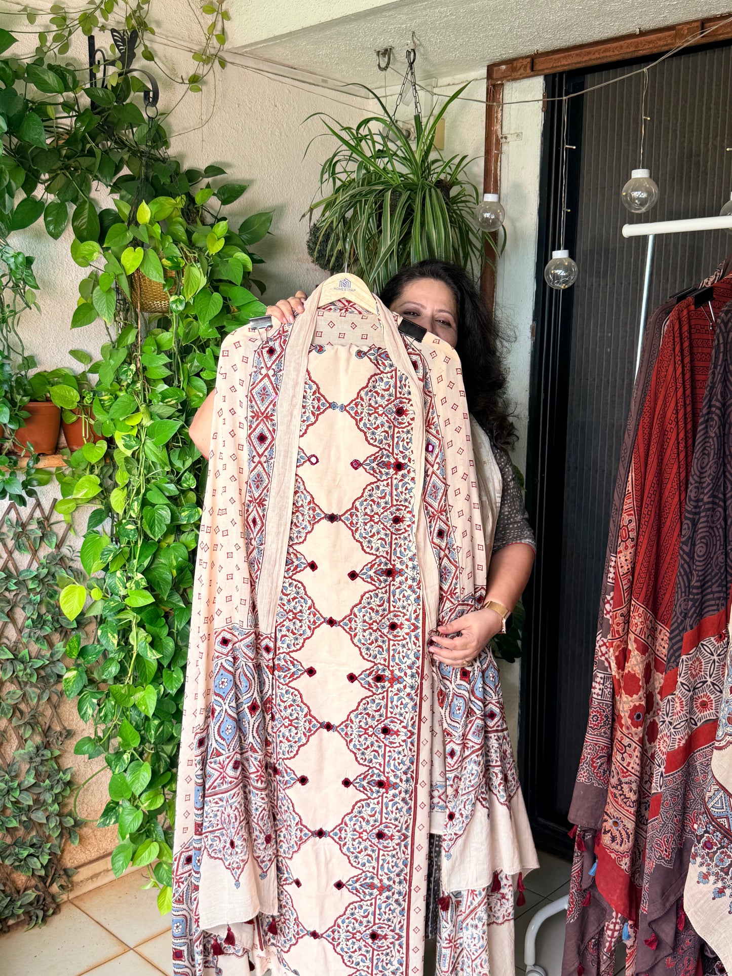 Pure cotton mirror work Ajrakh Cream