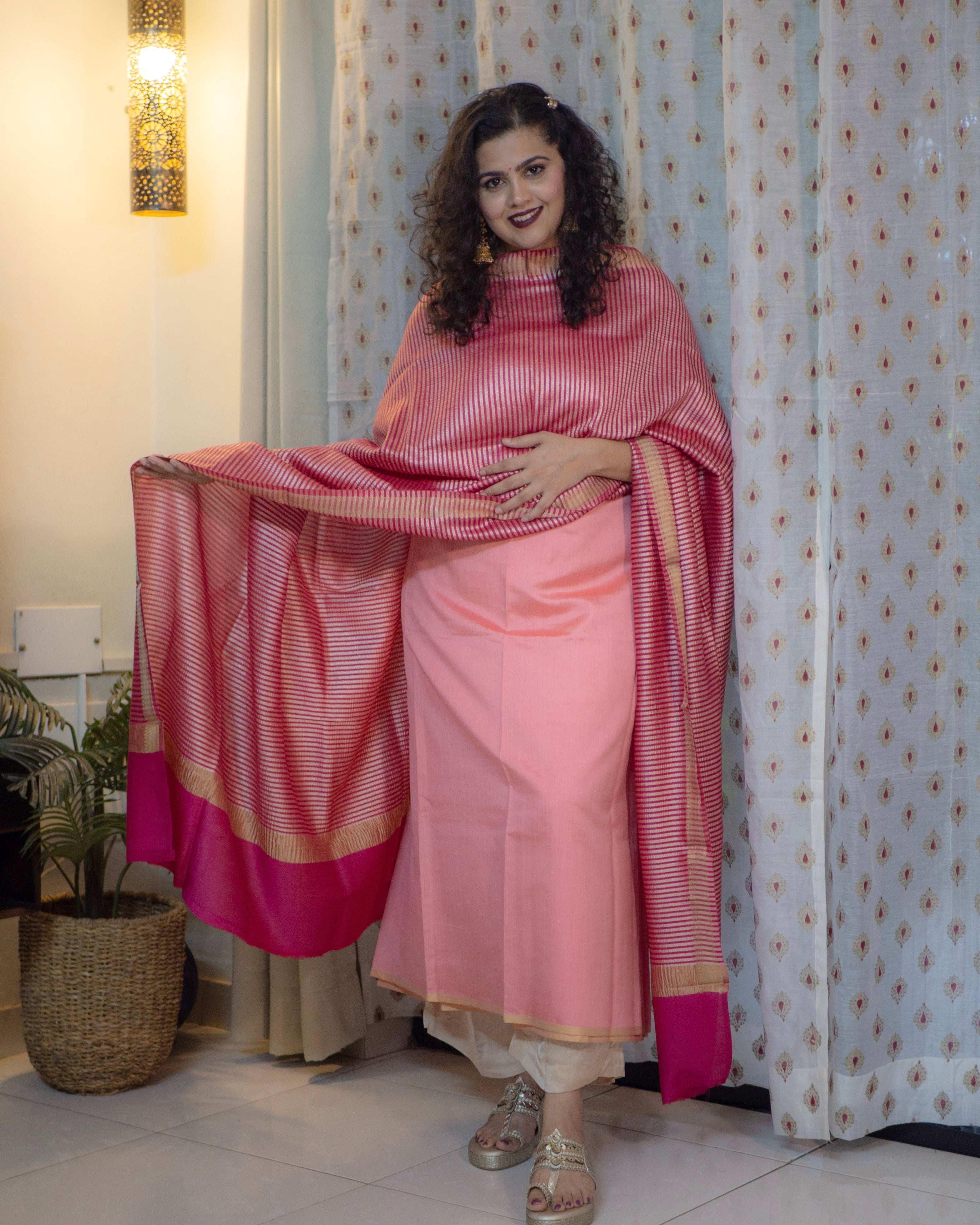 Tyohar -  Mulberry silk kurta with moonga silk dupatta pink & dark pink