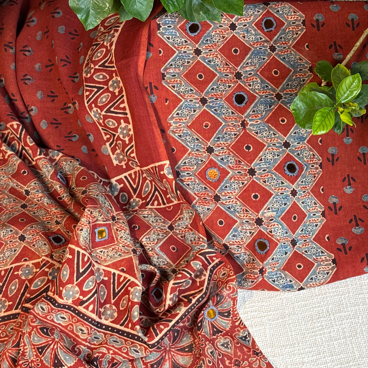 Pure cotton mirror work Ajrakh Red