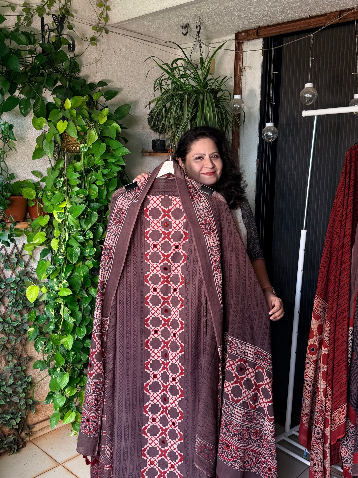 Pure cotton mirror work Ajrakh Brown