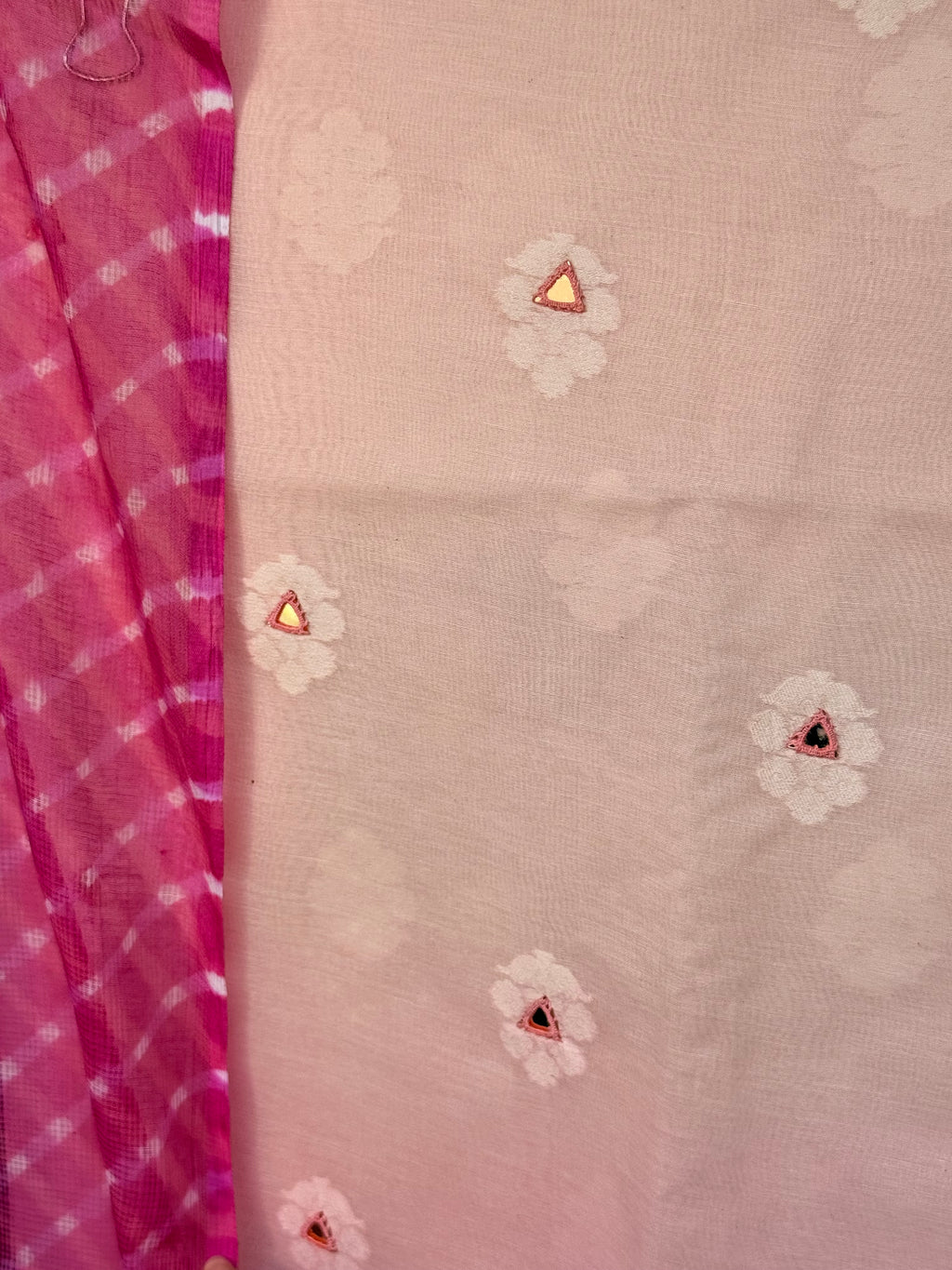 JacquardChanderi mirror work kurta with lehriya dupatta