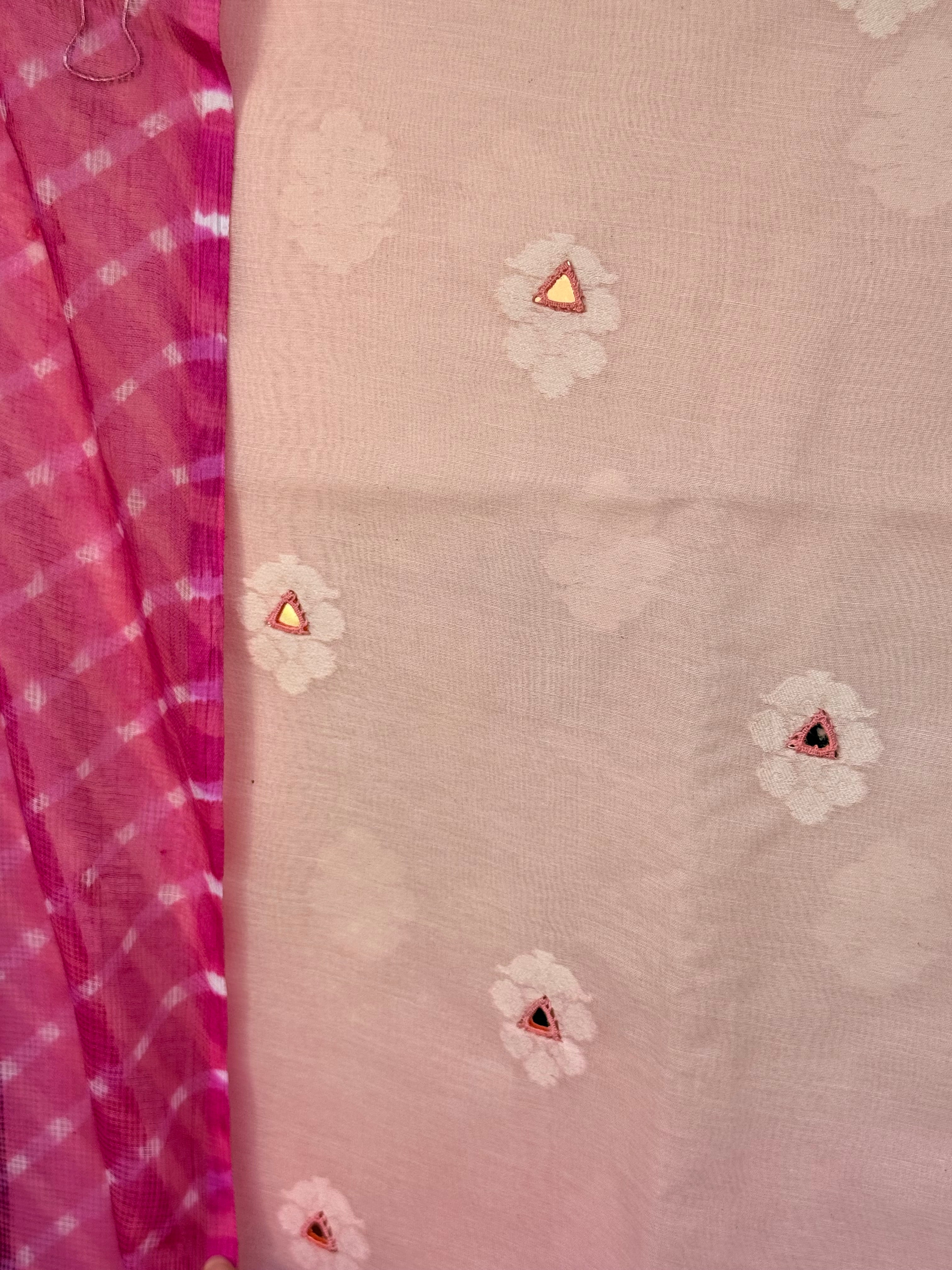 JacquardChanderi mirror work kurta with lehriya dupatta