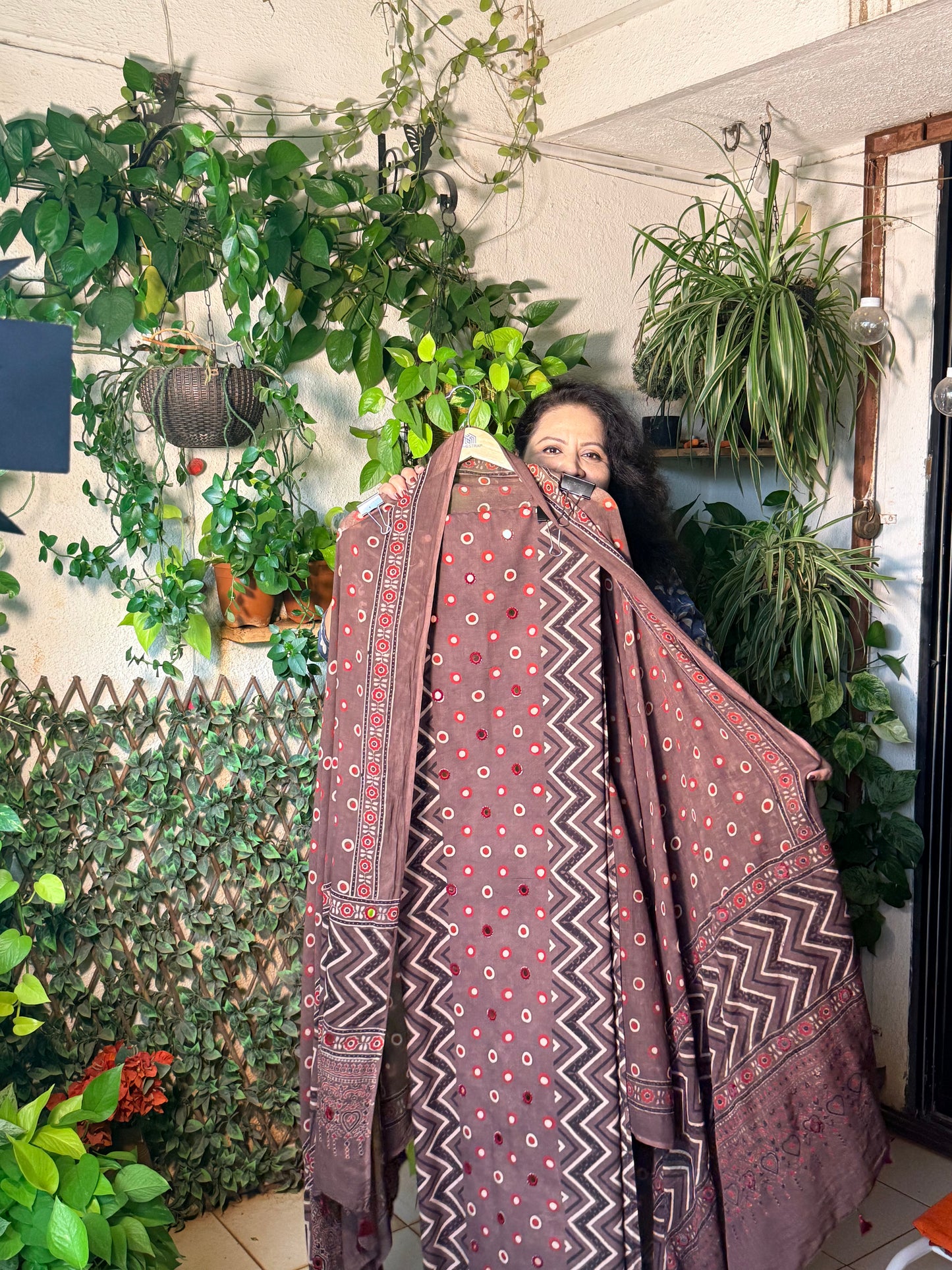 Pure cotton mirror work Ajrakh Brown