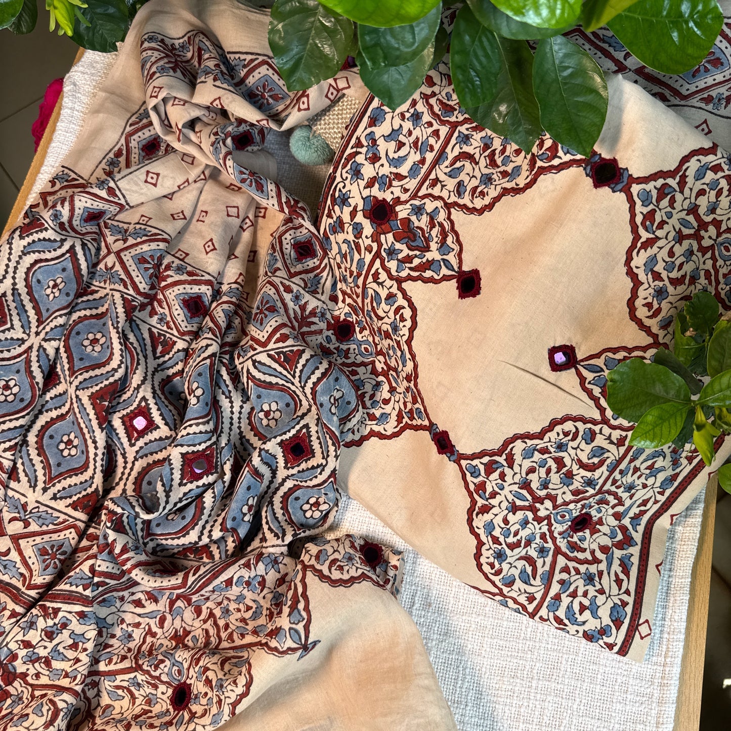 Pure cotton mirror work Ajrakh Cream