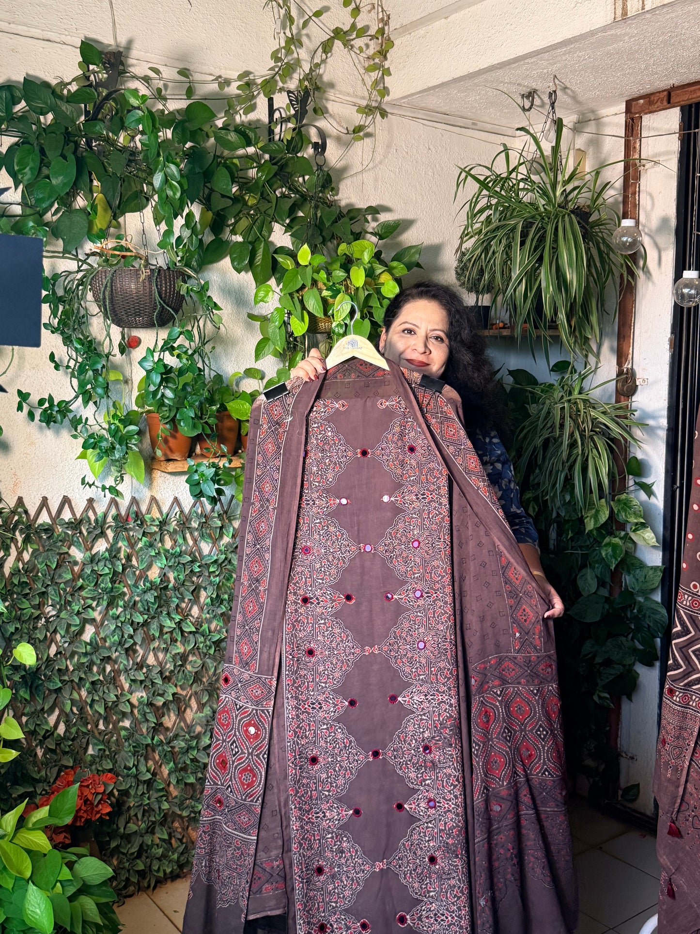 Pure cotton mirror work Ajrakh Brown