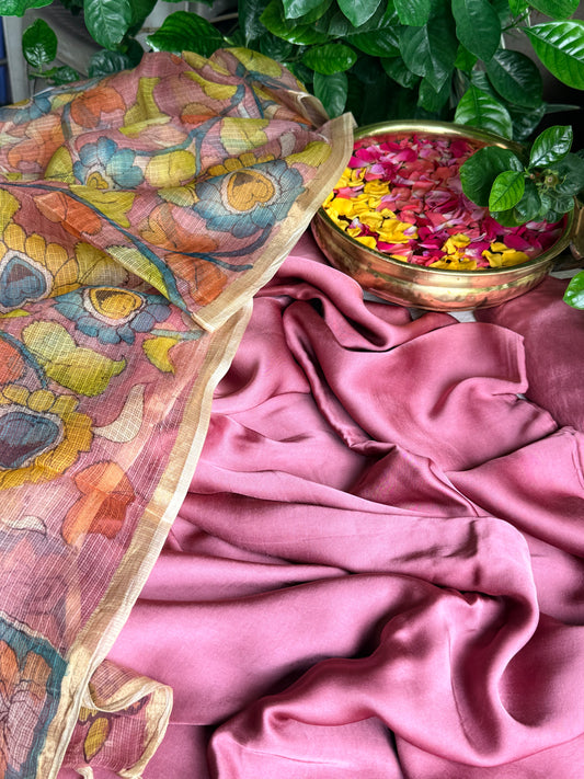 Gajji silk kurta with floral kalamkari dupatta