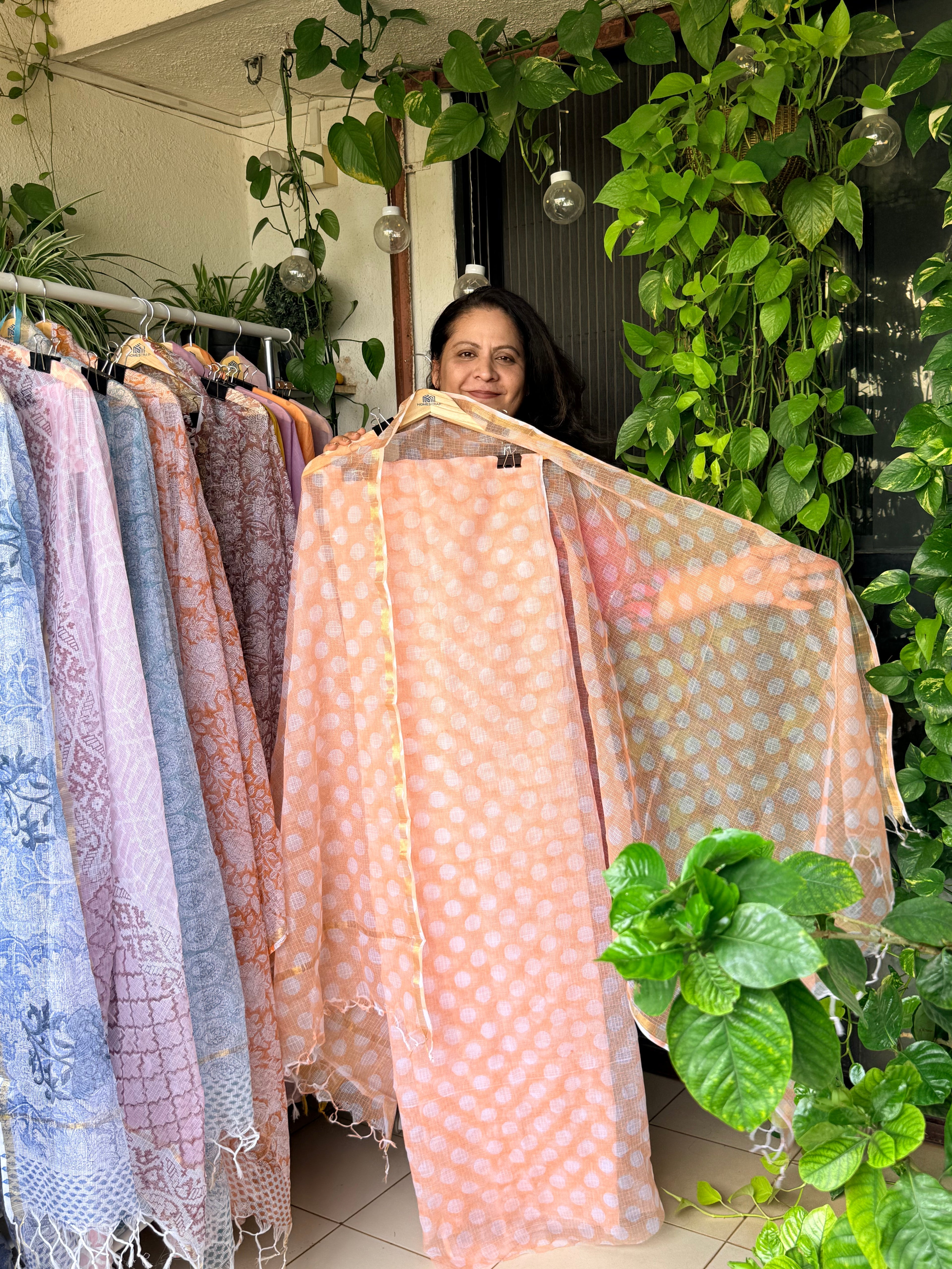Peach Polka- Pure kota Handblock printed suits