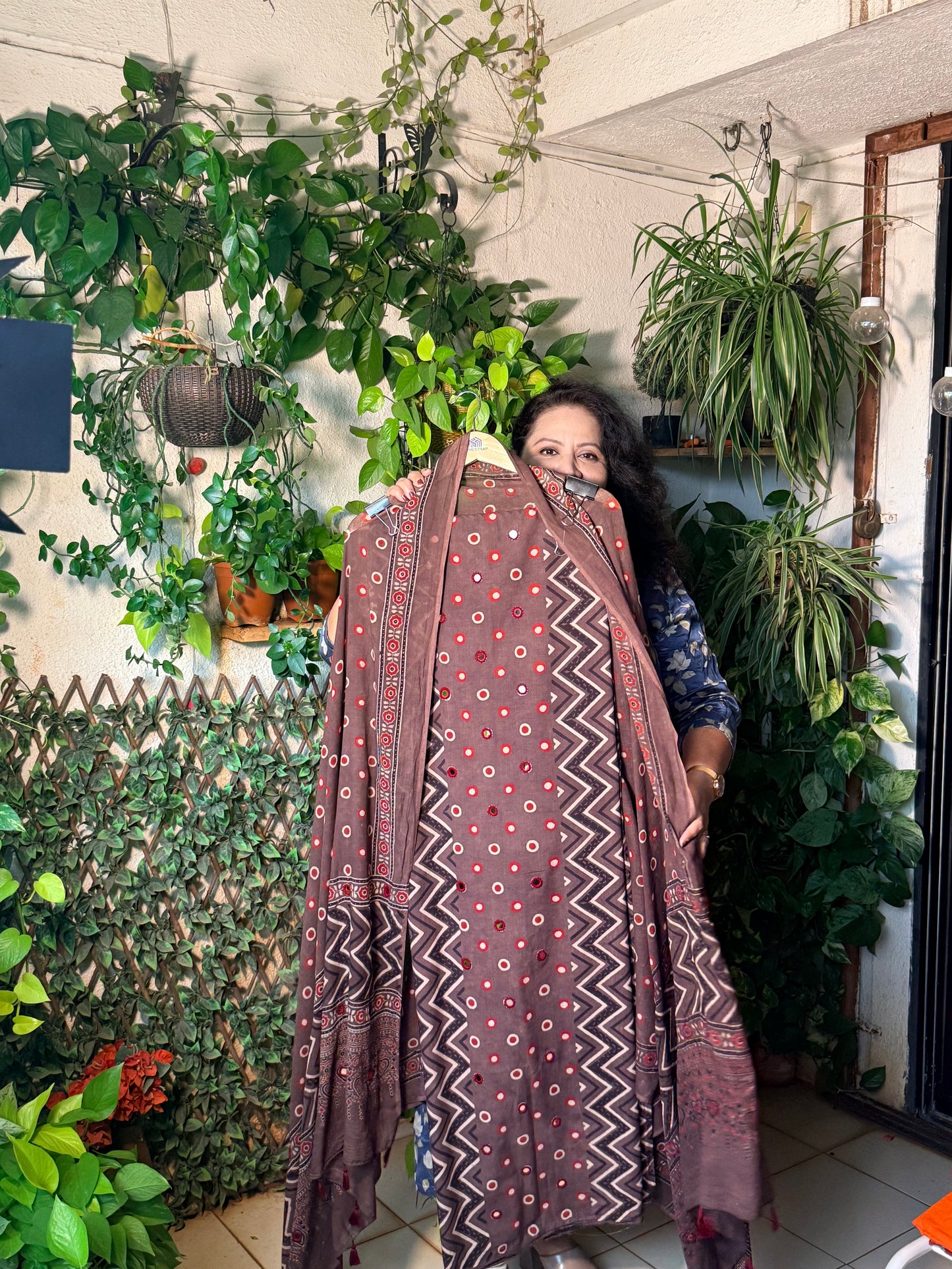 Pure cotton mirror work Ajrakh Brown