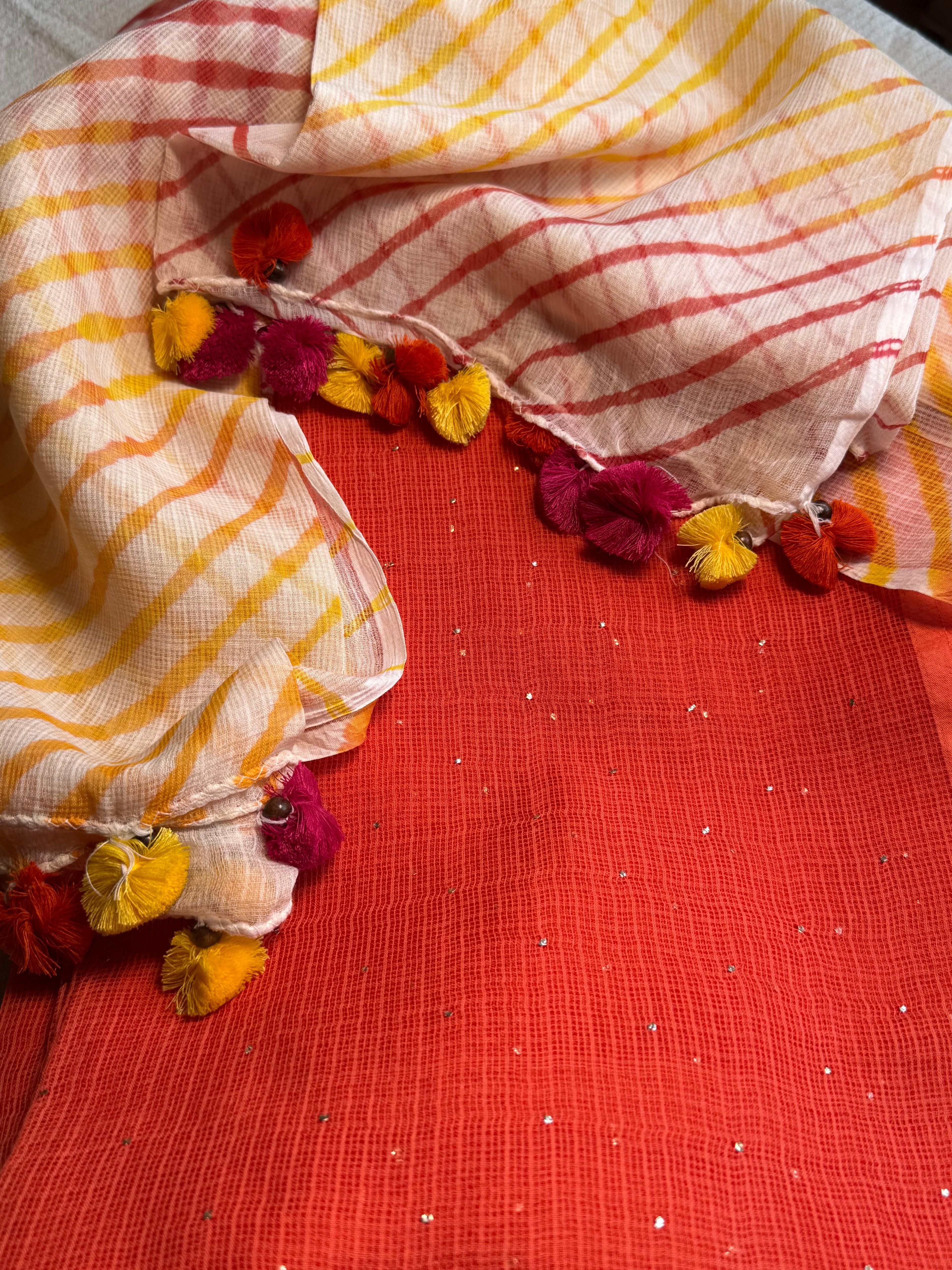Pure kota Mukaish work kurta with kota dupatta- Fanta orange
