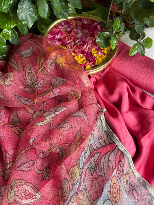 Gajji silk kurta with floral kalamkari dupatta