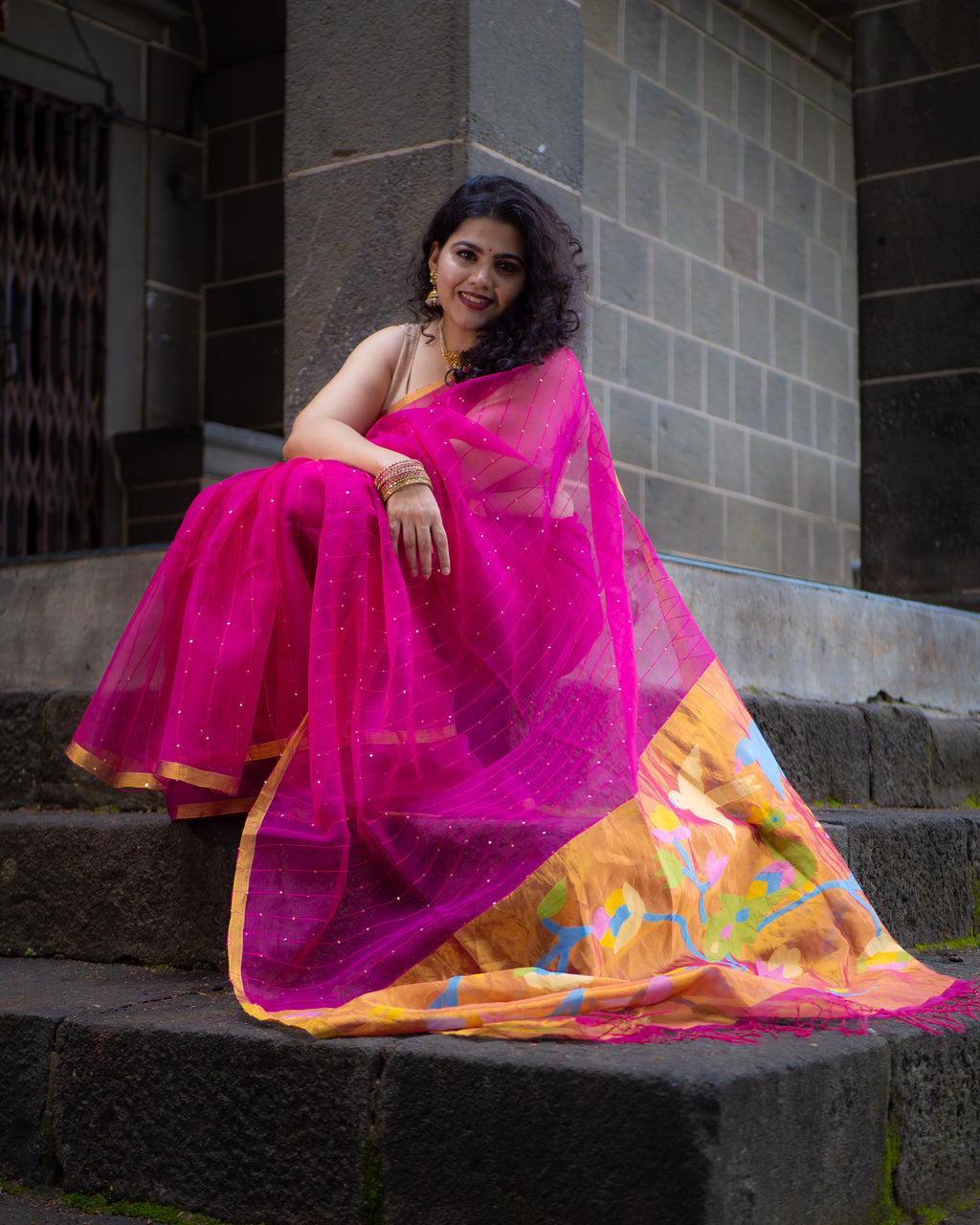 Pure Muslin silk saree pink