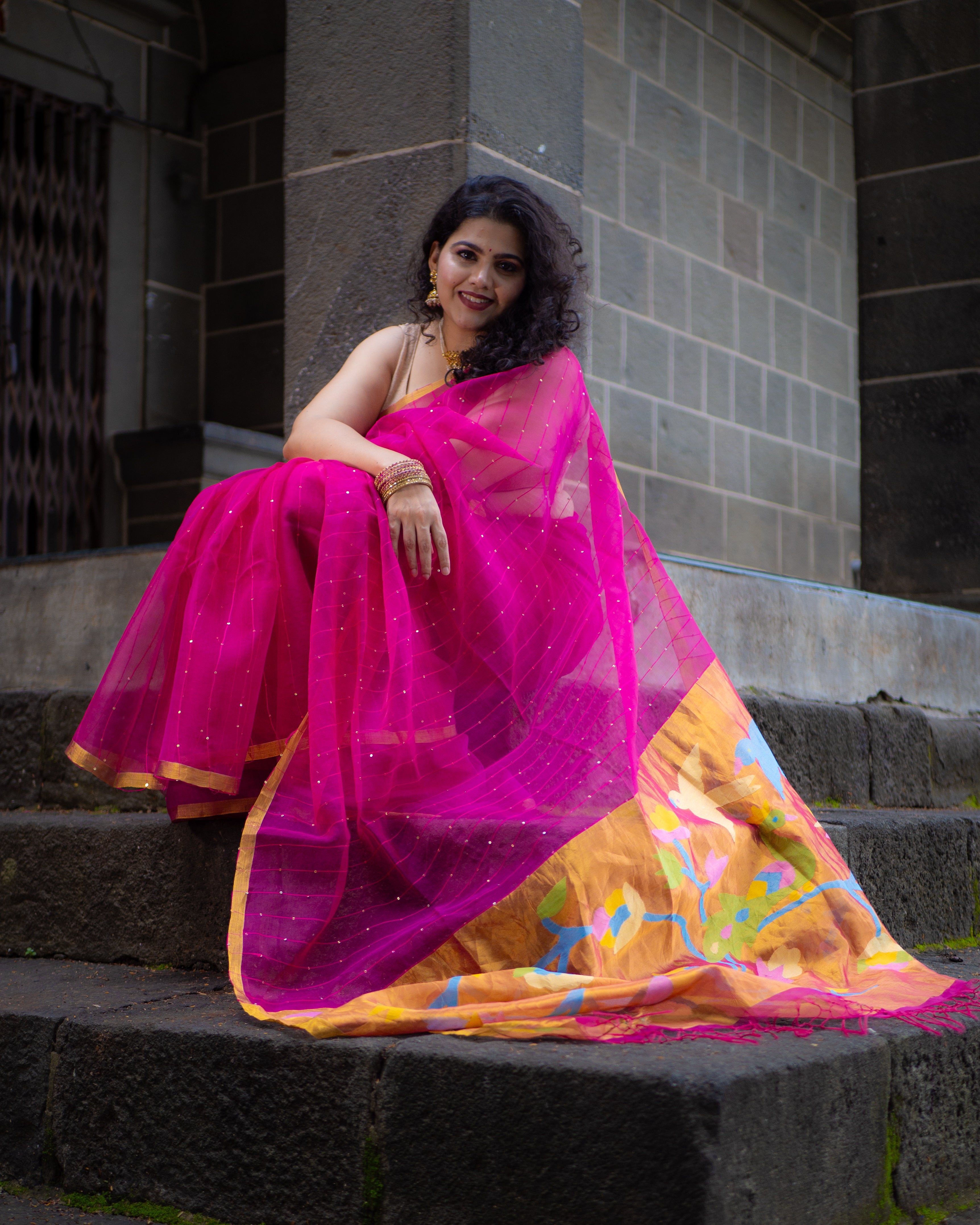 Pure Muslin silk saree pink