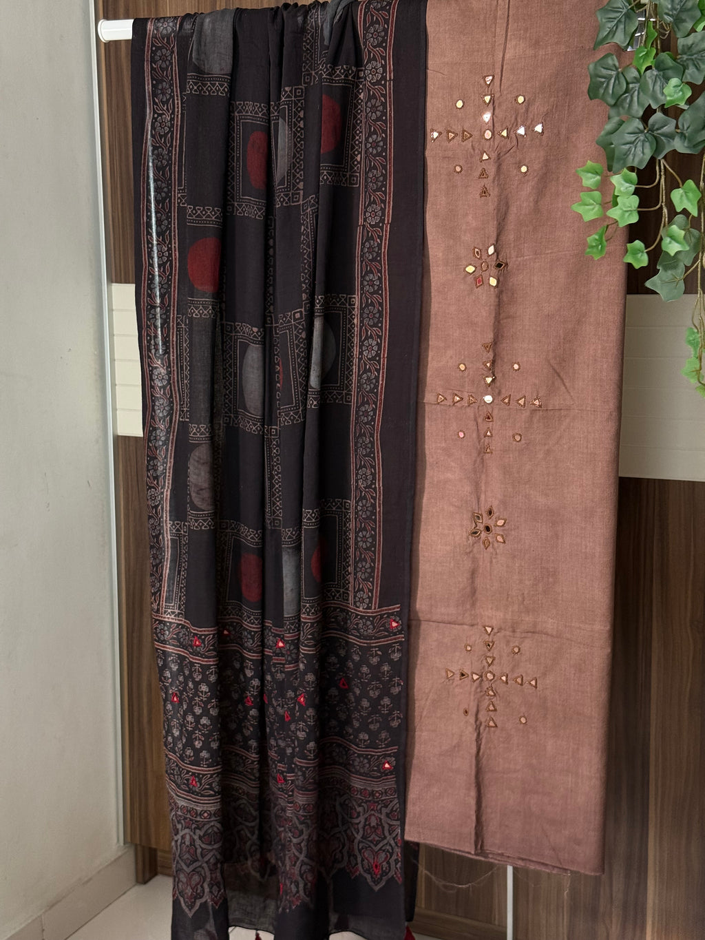 Ajrakh Light brown kurta with black dupatta