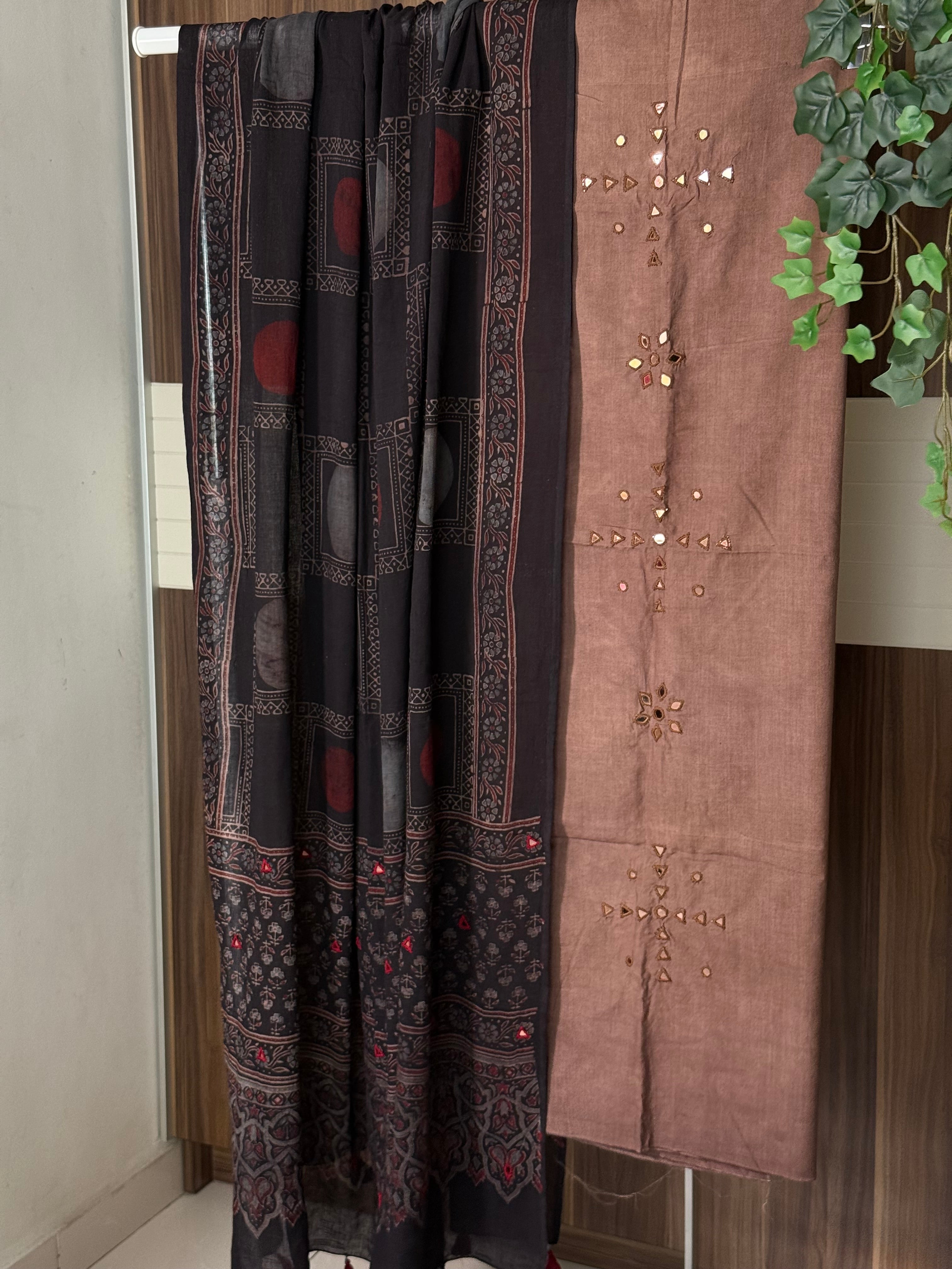 Ajrakh Light brown kurta with black dupatta