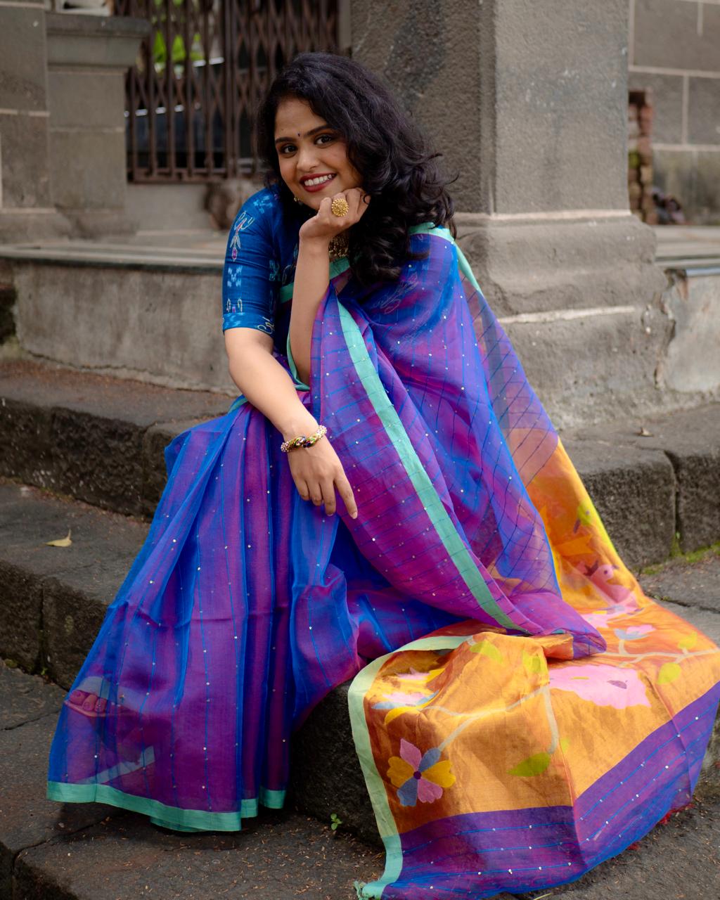 Pure Muslin silk saree blue