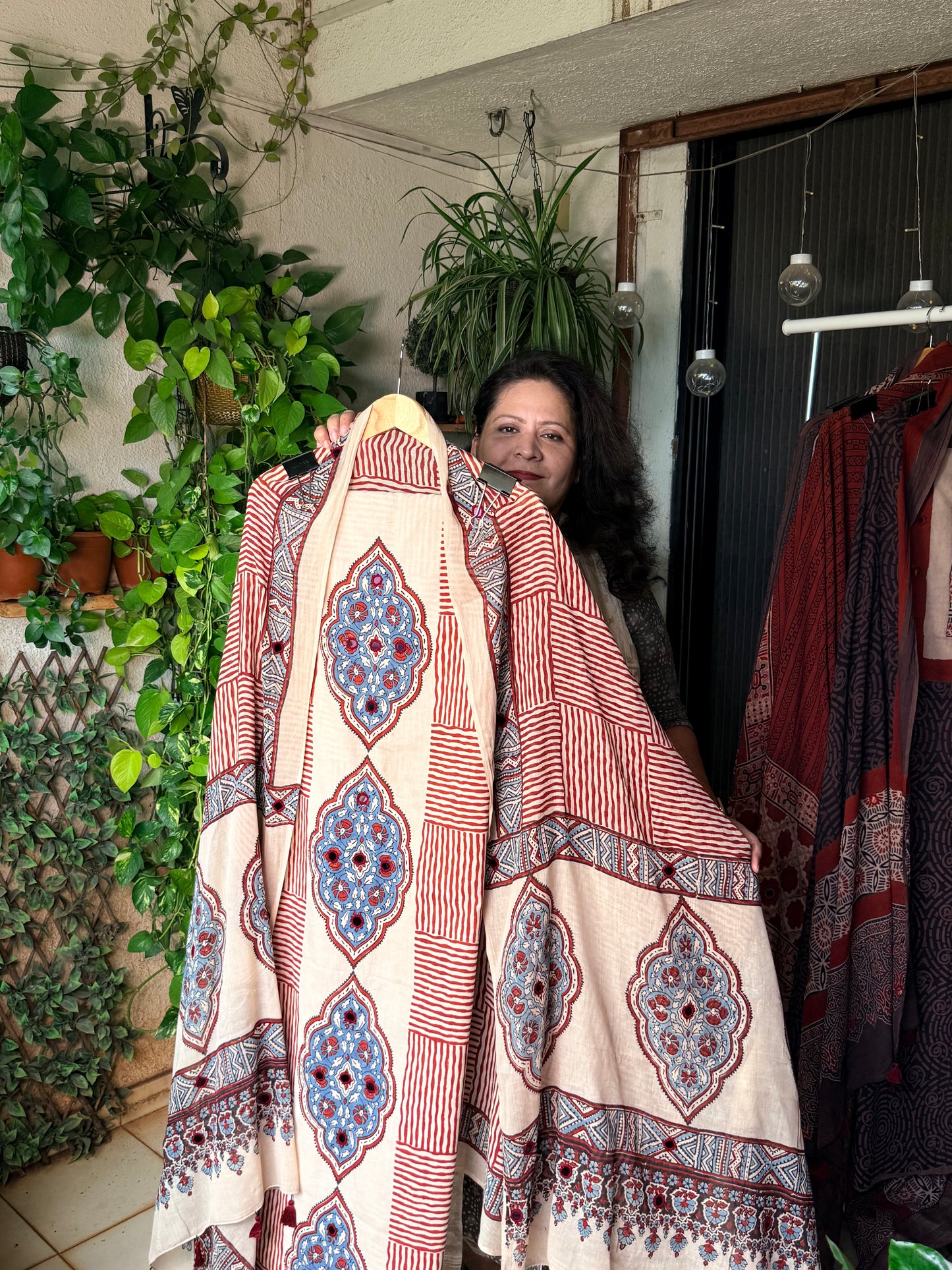 Pure cotton mirror work Ajrakh Cream
